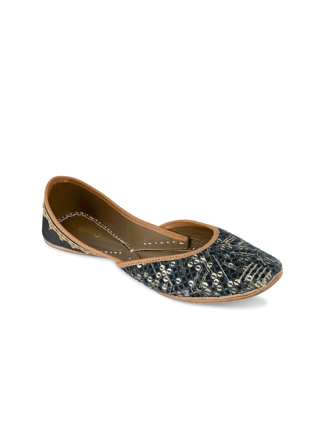 Coral Haze Women Navy Blue & Gold Embellished Mojaris Flats Price in India