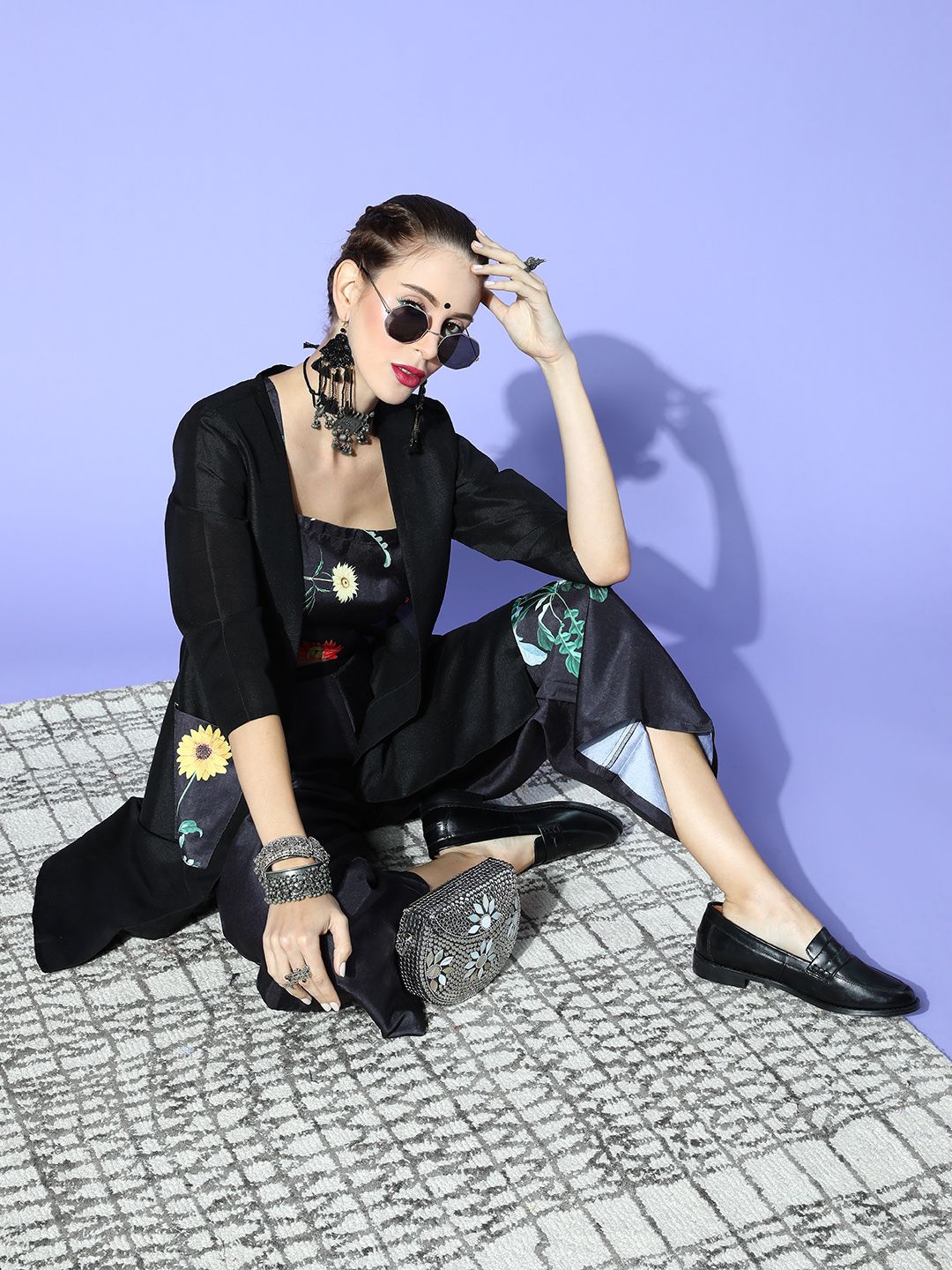 ZIYAA Women Stylish Black Printed Top with Palazzos