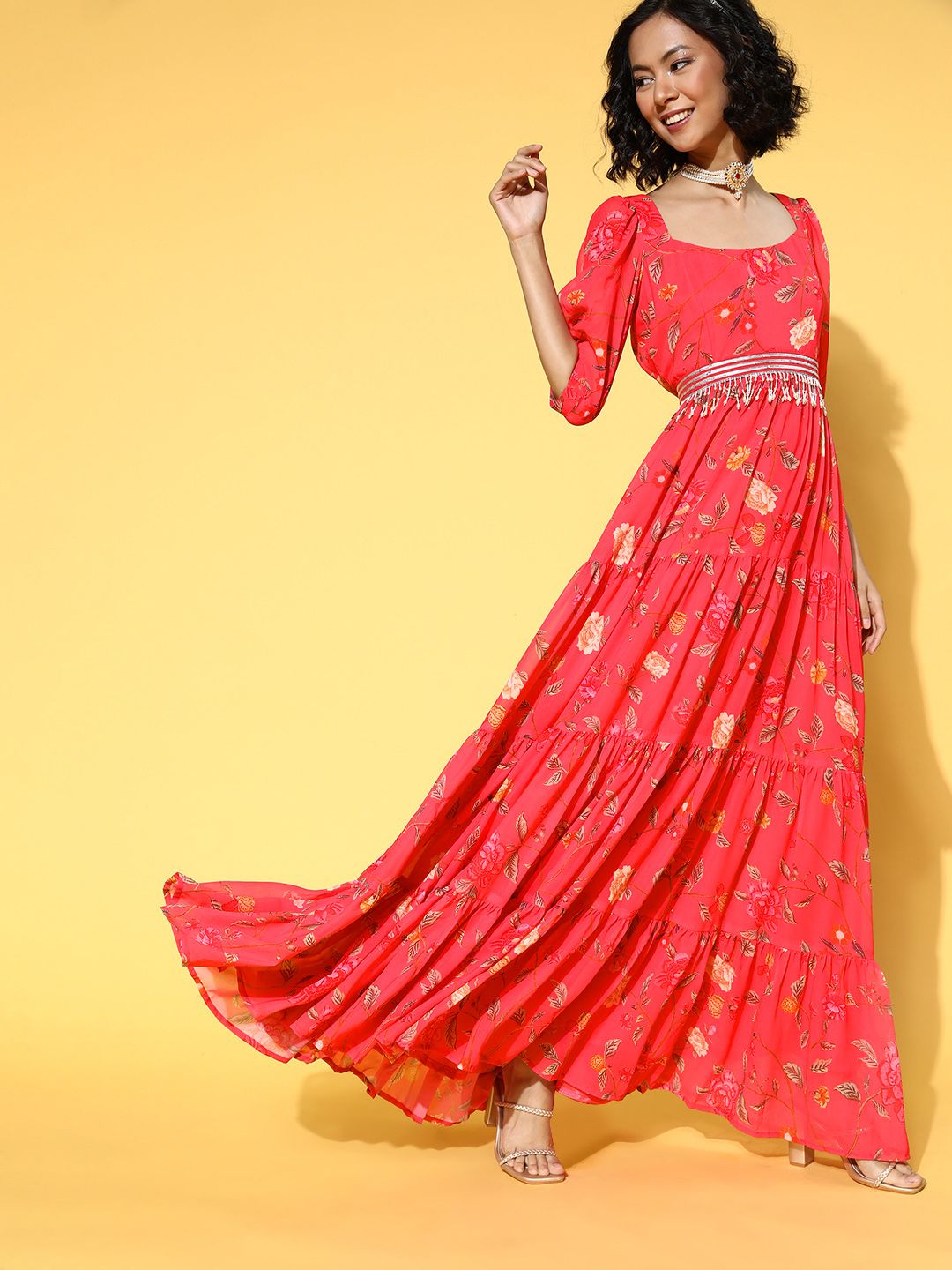 Inddus Women Attractive Peach Floral Gown for Days Price in India