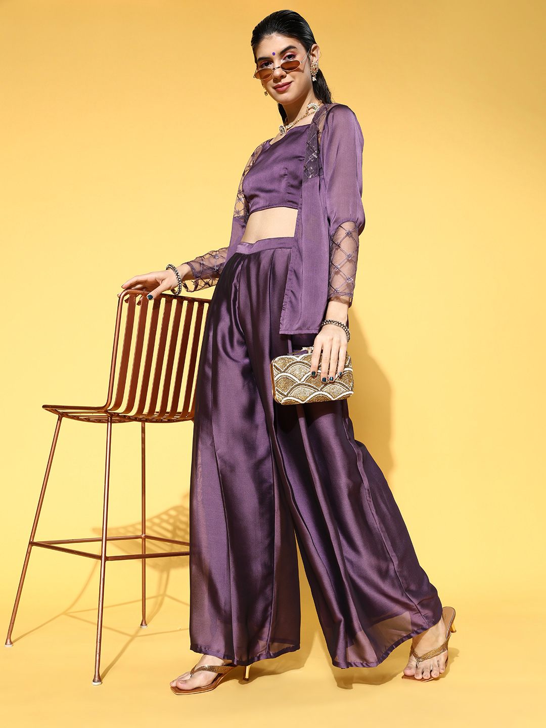 Inddus Women Elegant Purple Solid Top with Palazzos Price in India