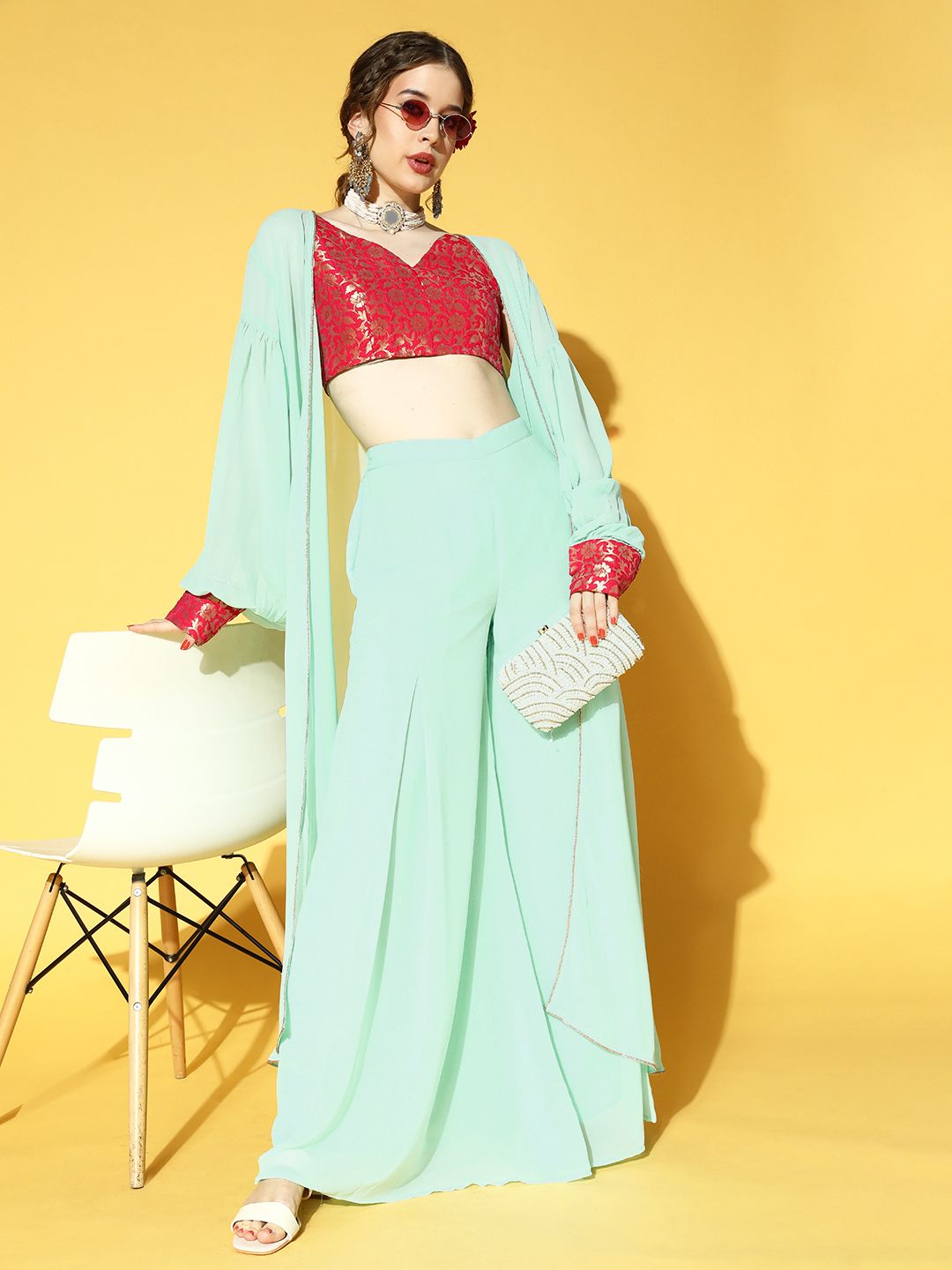 Inddus Women Blue Woven Design Top & Solid Palazzos with Jacket