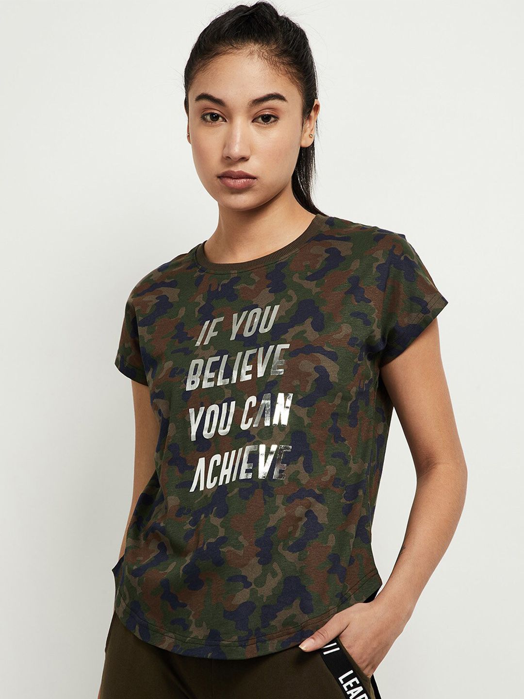 max Women Green Camouflage Printed Cotton T-shirt Price in India