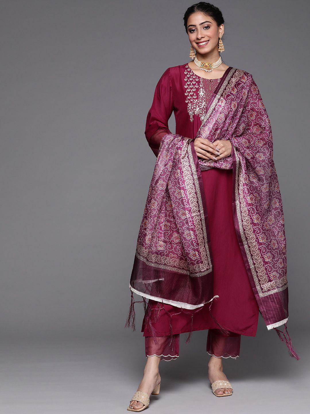 Varanga Women Magenta Ethnic Motifs Embroidered Kurta with Trousers & Dupatta Price in India