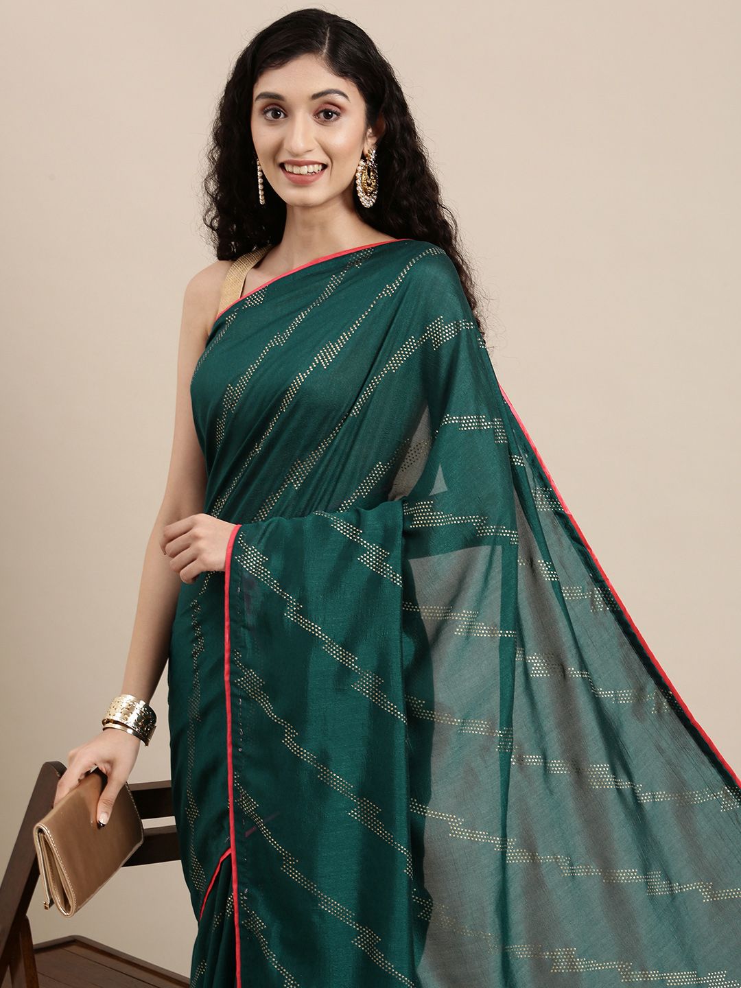 Mitera Teal Green & Gold Striped Zari Pure Chiffon Celebrity Saree Price in India