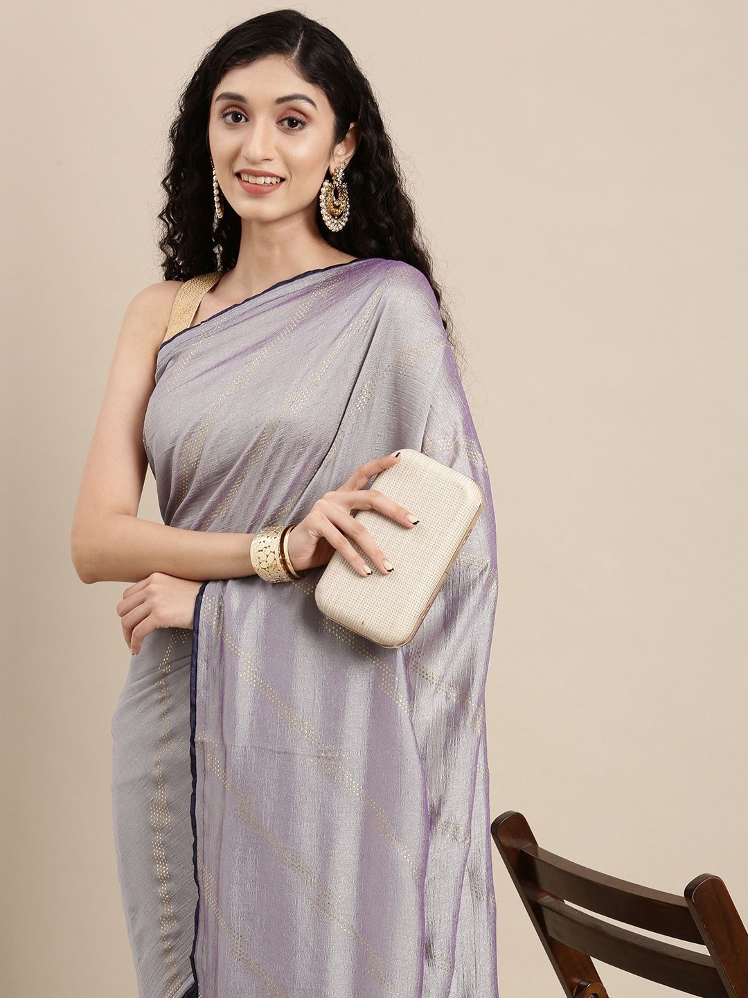 Mitera Grey & Gold Striped Gotta Patti Zari Pure Chiffon Celebrity Saree Price in India