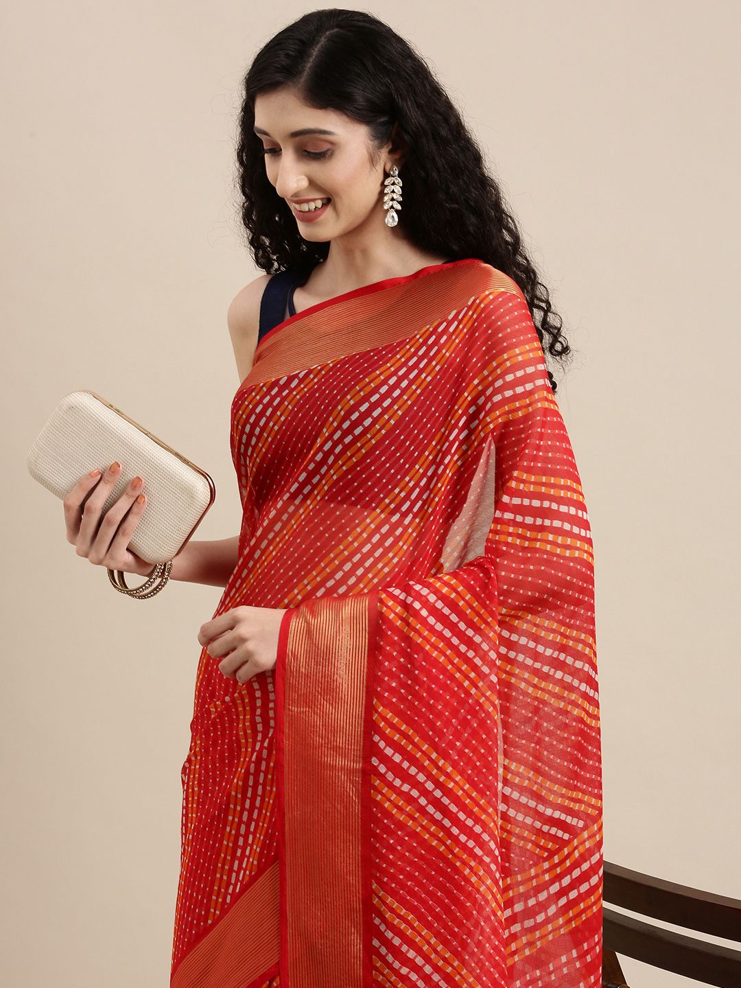 Mitera Red & White Leheriya Print Celebrity Pure Chiffon Saree Price in India