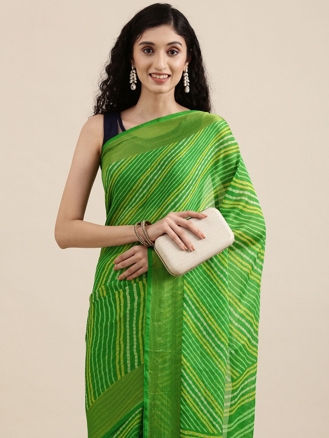 Mitera Green & Yellow Leheriya Print Celebrity Pure Chiffon Saree Price in India