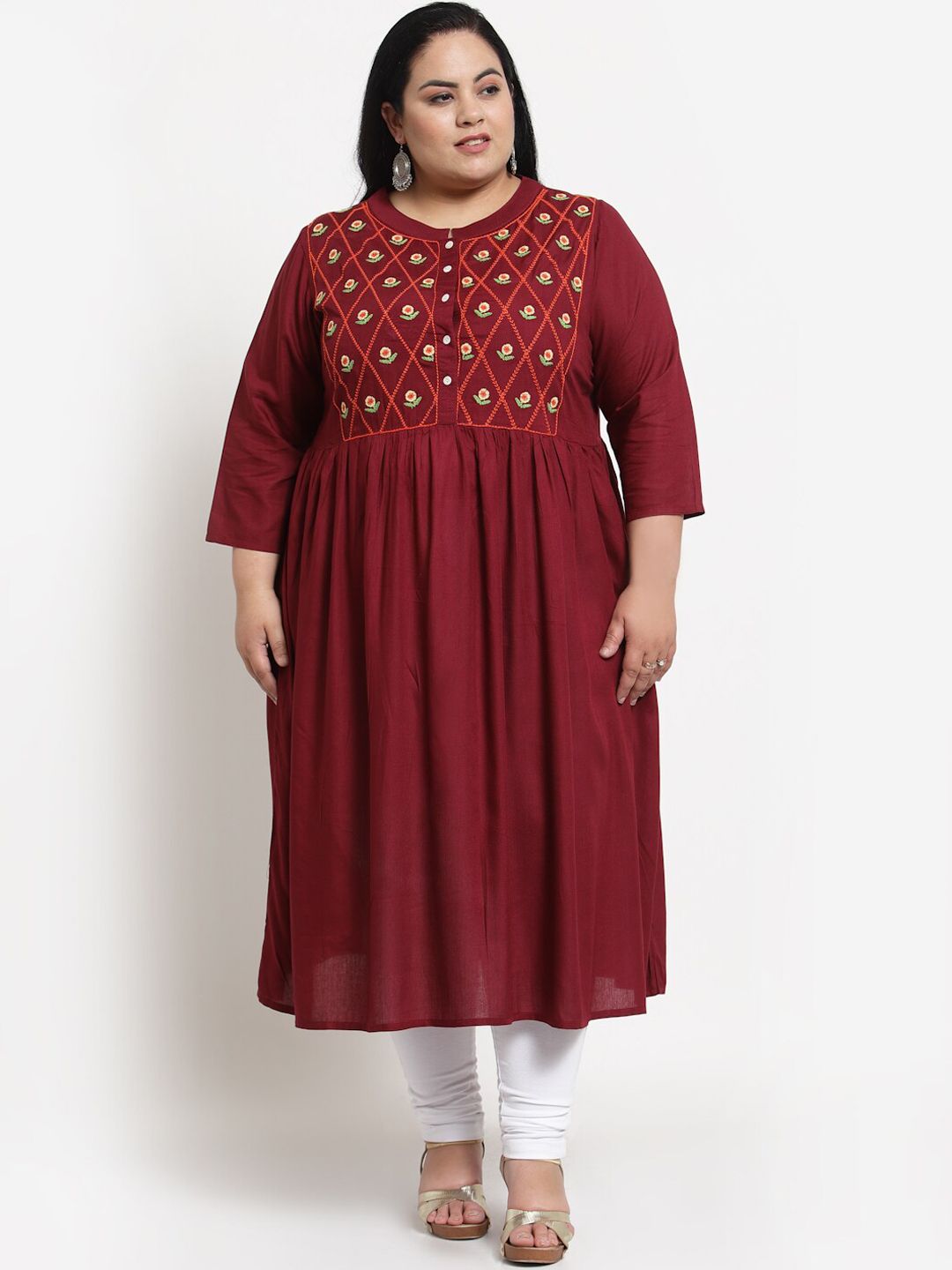 plusS Women Maroon Plus Size Thread Work Anarkali Kurta Price in India
