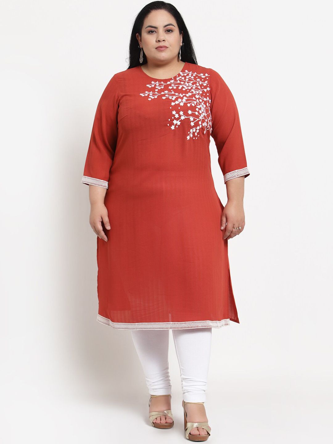 plusS Women Plus Size Peach-Coloured Striped Thread Work Kurta Price in India