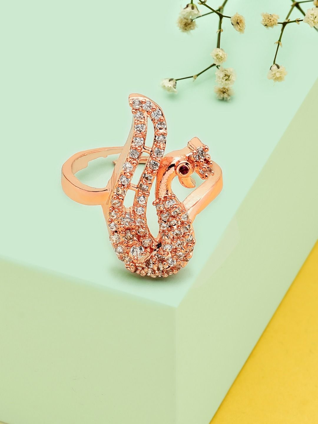 AMI Rose-Gold-Plated White CZ-Studded  Peacock Inspired Contemporary Adjustable Finger Ring Price in India