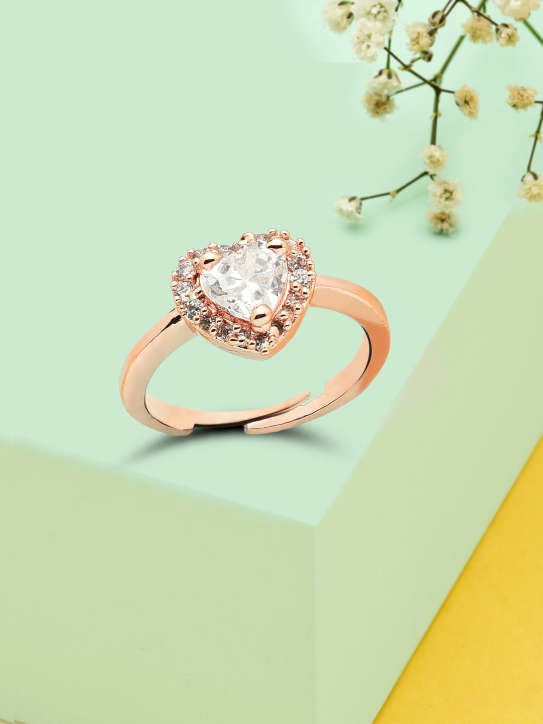AMI Rose Gold-Plated White Cubic Zirconia Studded Heart Shape Contemporary Adjustable Finger Ring Price in India