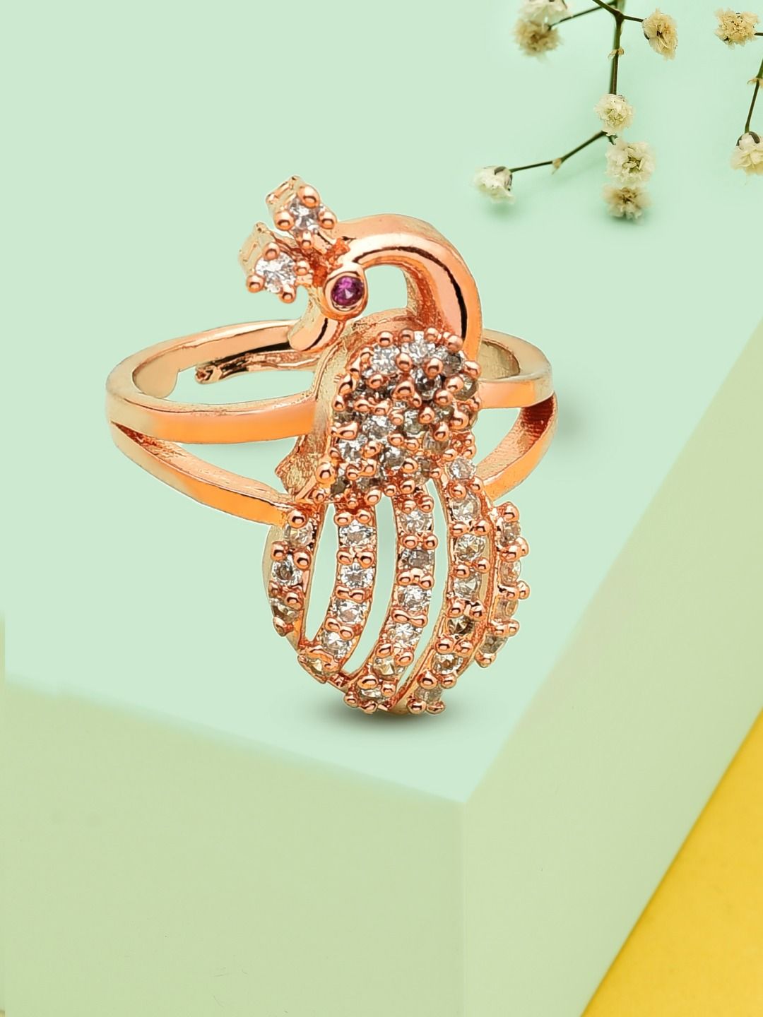 AMI Rose Gold-Plated Cubic Zirconia-Studded Peacock Inspired Adjustable Finger Ring Price in India
