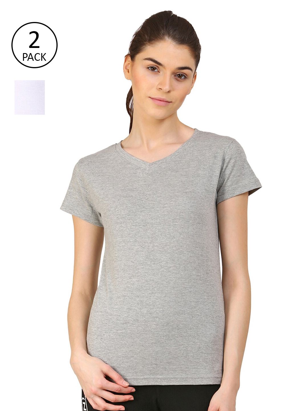 appulse Women Grey & White Pack Of 2 V-Neck Slim Fit Running Cotton T-shirt Price in India