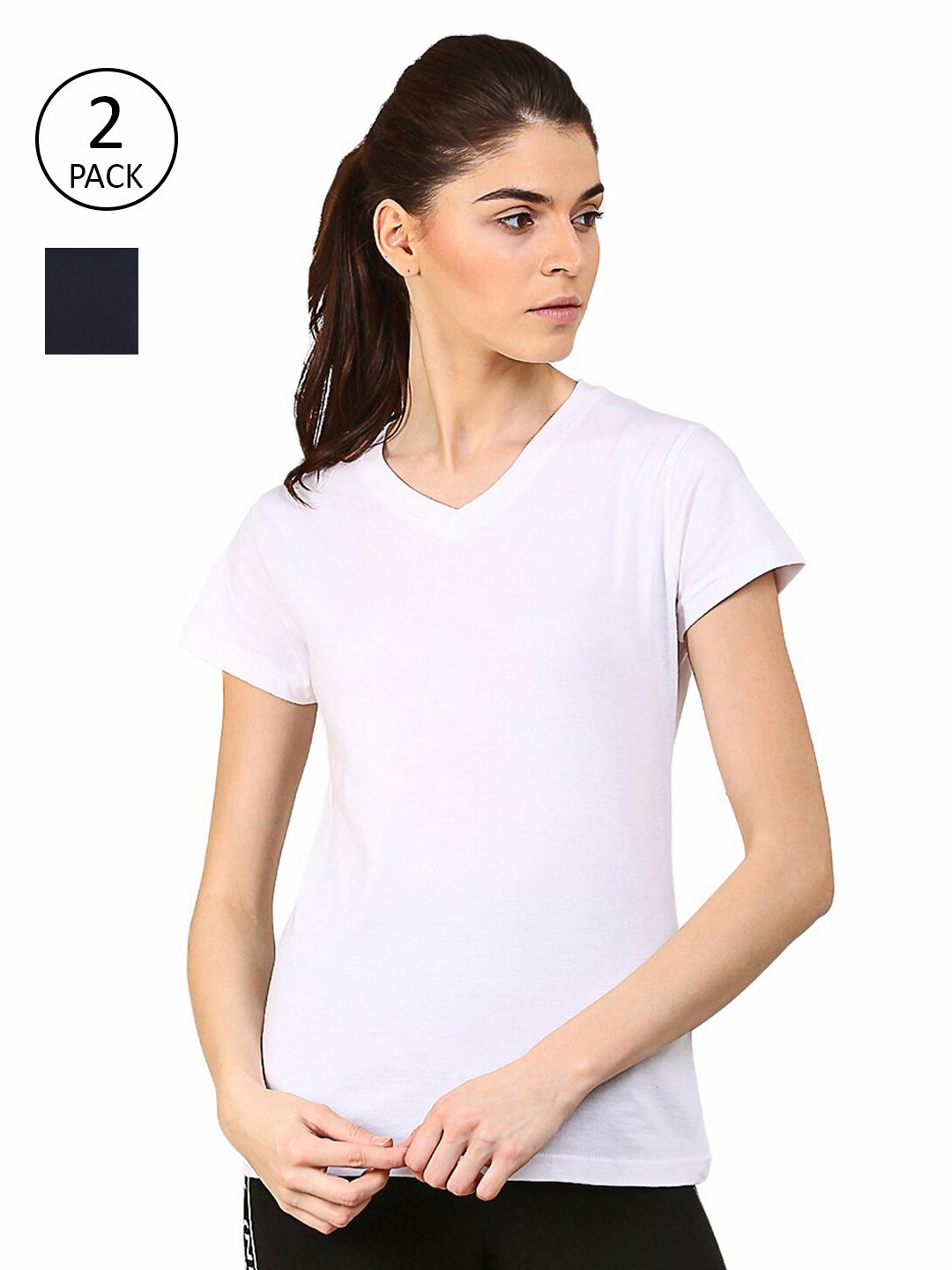 appulse Women White & Black Pack Of 2 V-Neck Slim Fit Running Cotton T-shirt Price in India