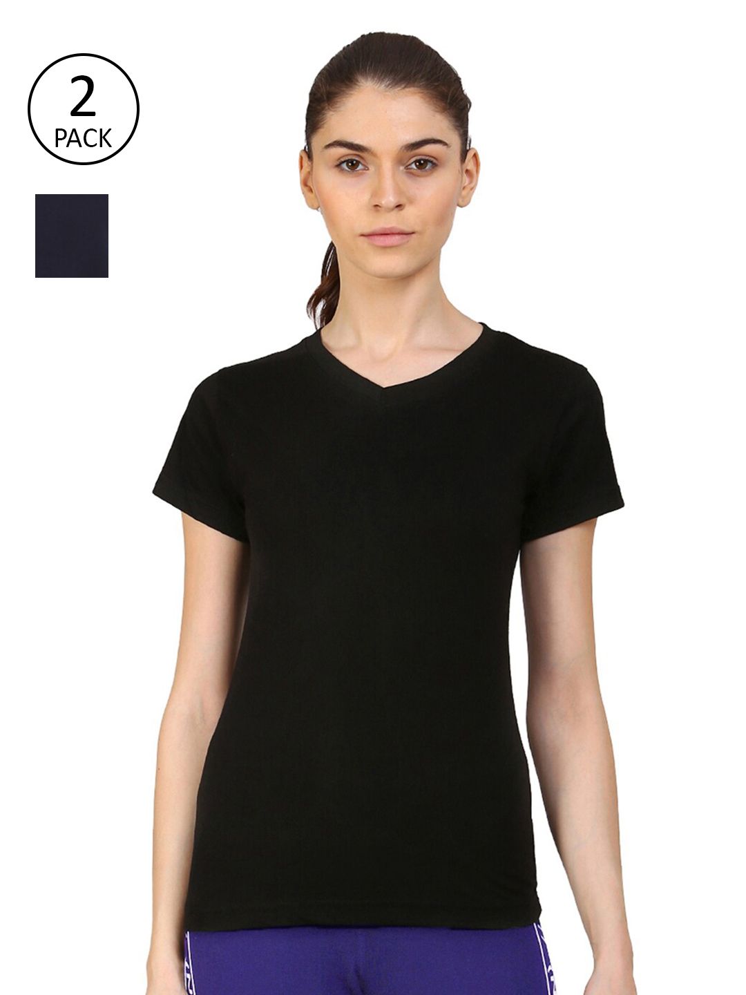 appulse Women Navy Blue & Black Pack of 2 V-Neck Slim Cotton Fit Running T-shirt Price in India