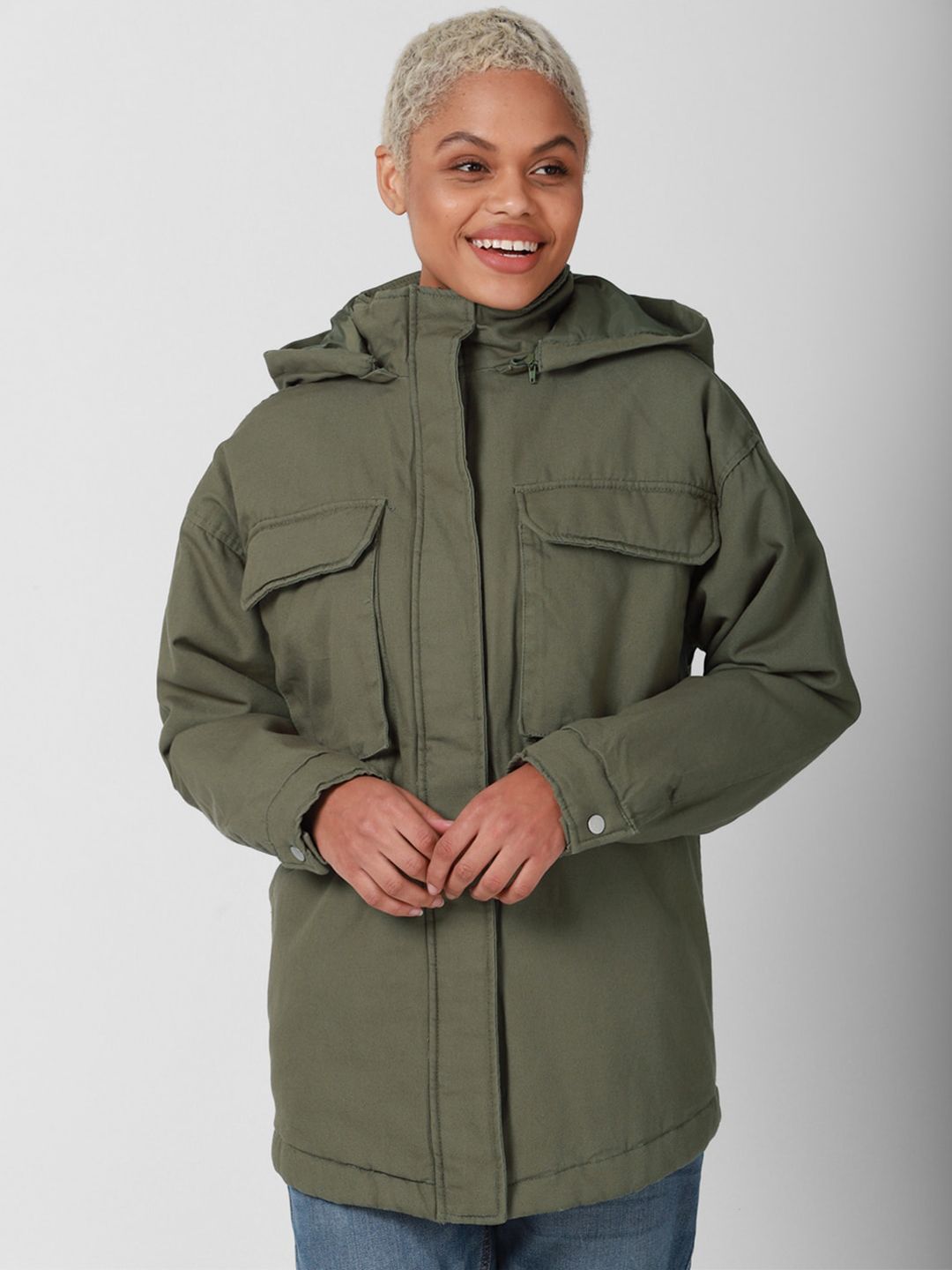 FOREVER 21 Women Olive Green Longline Tailored Cotton Jacket Price in India