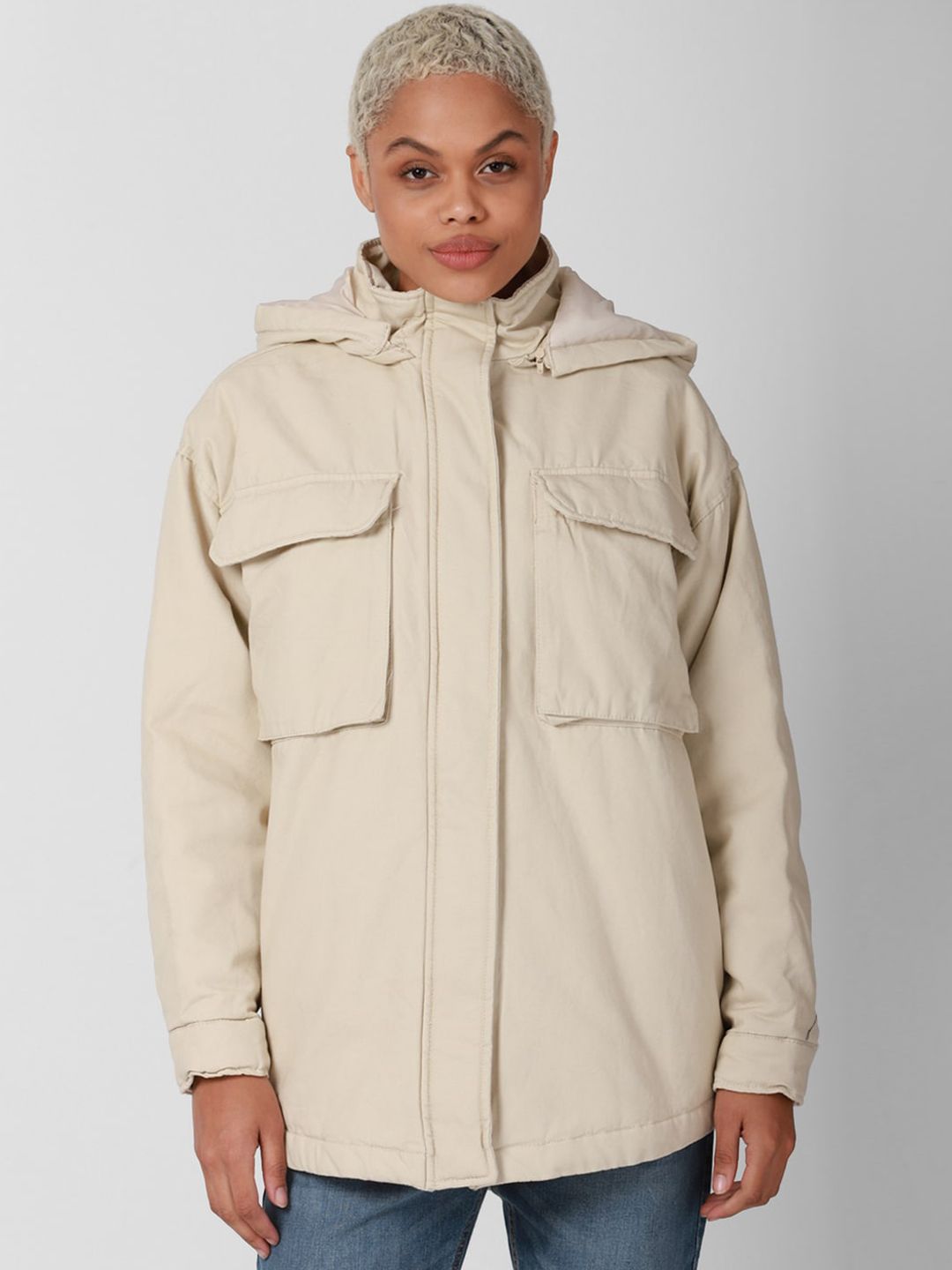 FOREVER 21 Women Beige Longline Cotton Parka Jacket Price in India