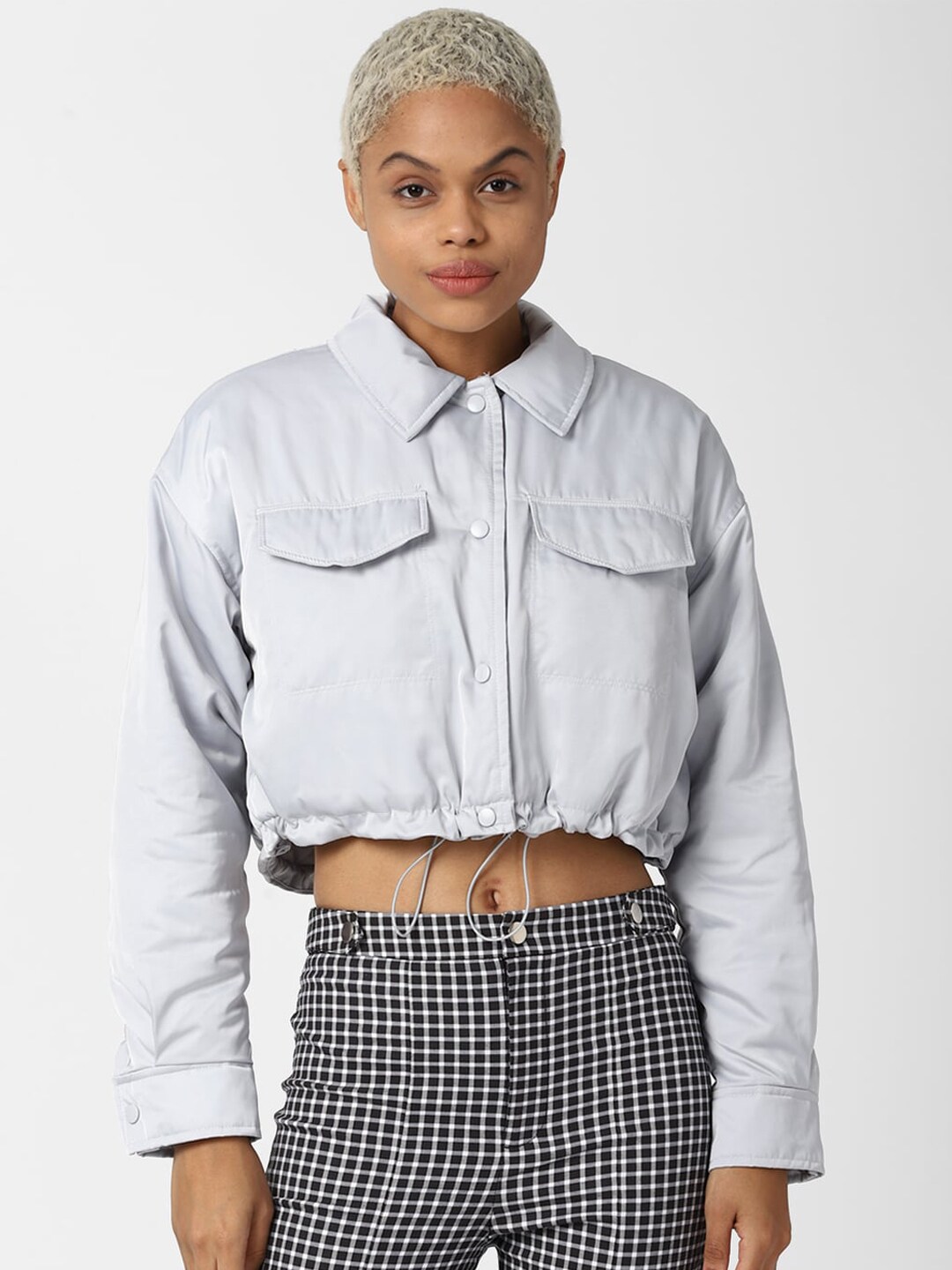 FOREVER 21 Women Grey Crop Tailored Jacket Price in India