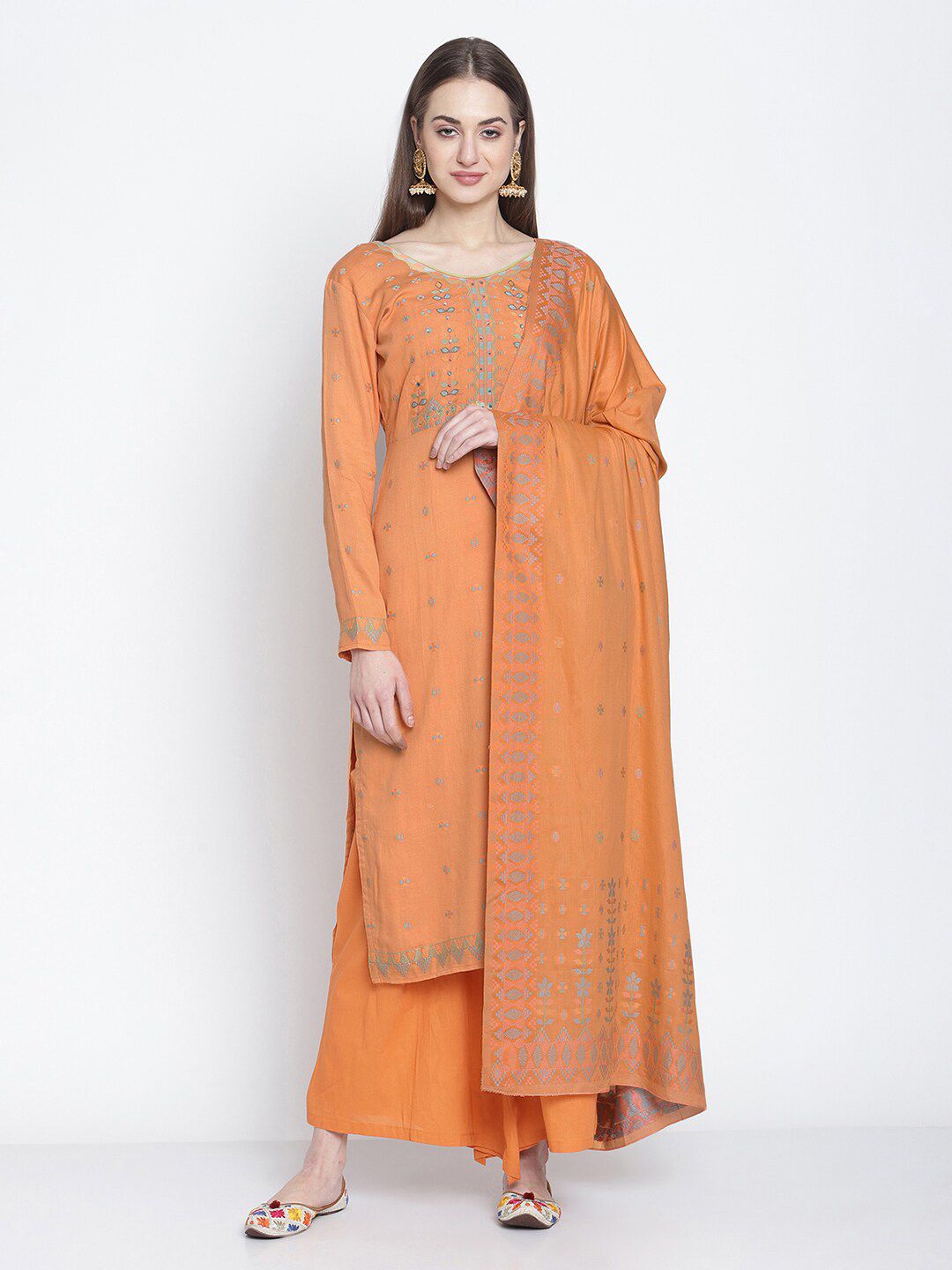 Stylee LIFESTYLE Orange & Silver-Toned Embroidered Unstitched Dress Material Price in India