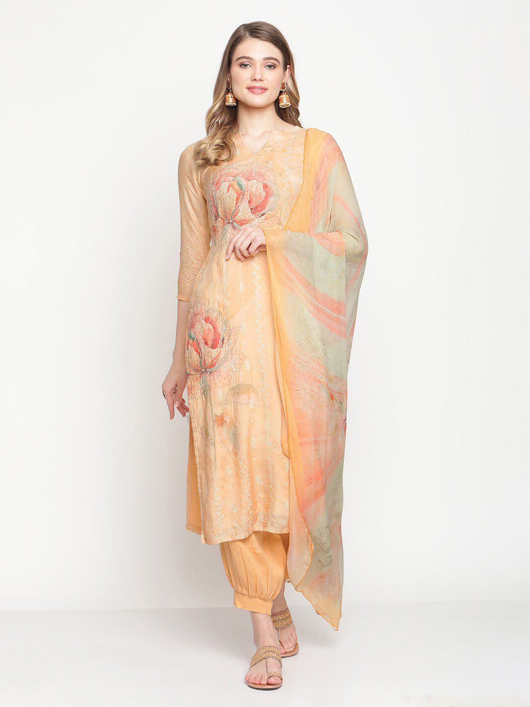 Stylee LIFESTYLE Peach-Coloured & Green Embroidered Pure Cotton Unstitched Dress Material Price in India