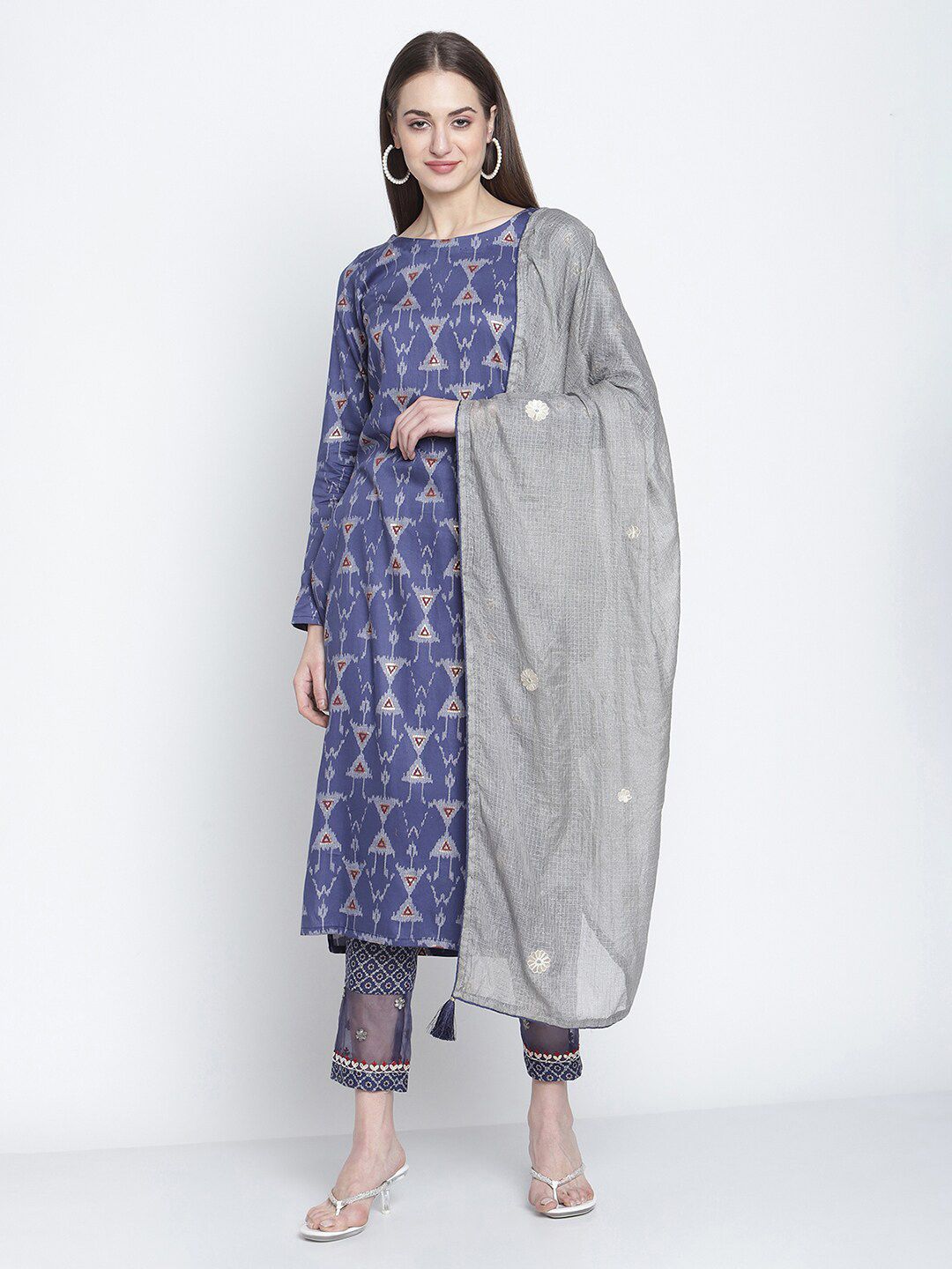 Stylee LIFESTYLE Women Navy Blue & Grey Woven Design Cotton Unstitched Dress Material Price in India