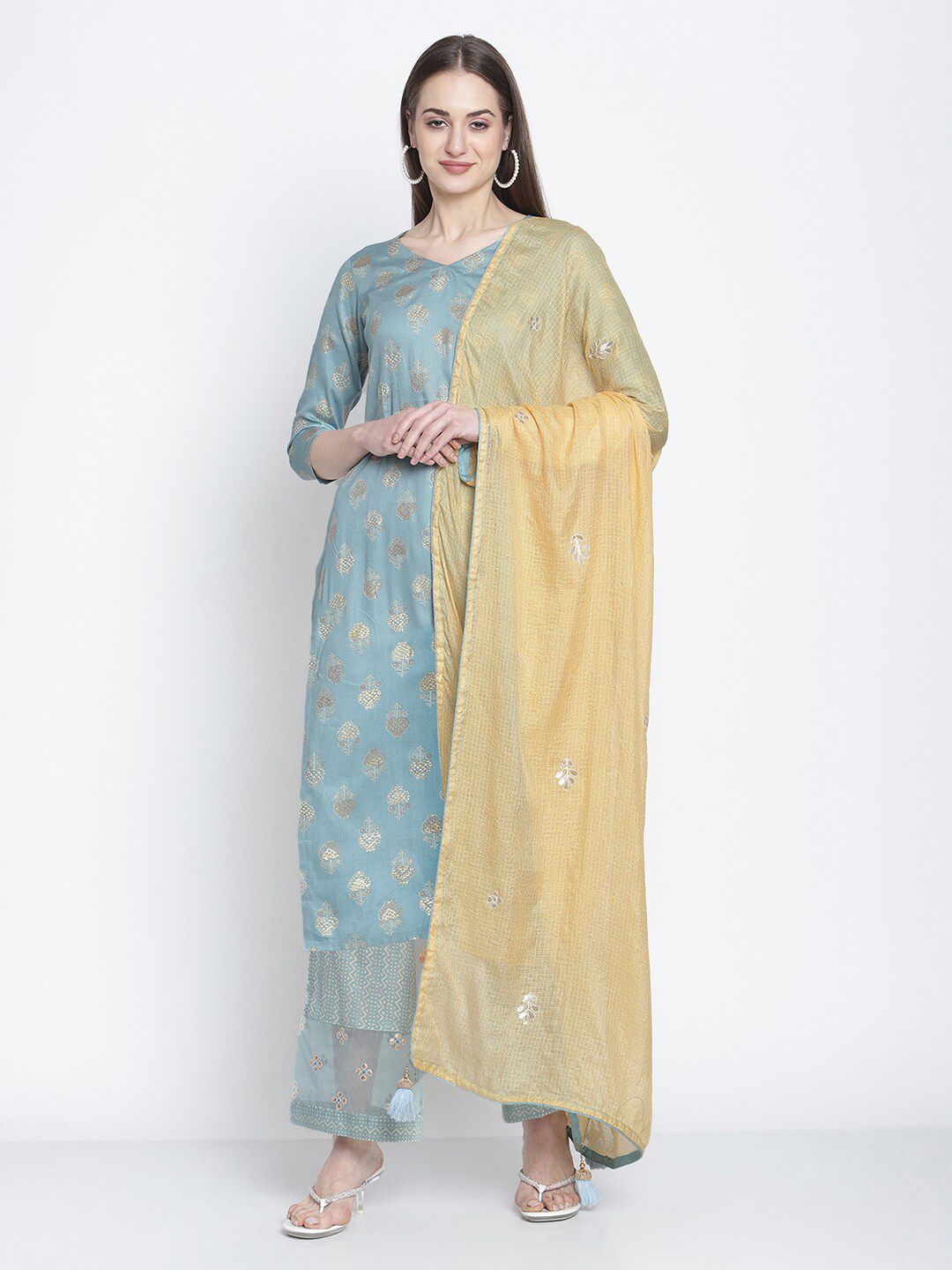 Stylee LIFESTYLE Blue & Beige Printed Cotton Unstitched Dress Material Price in India