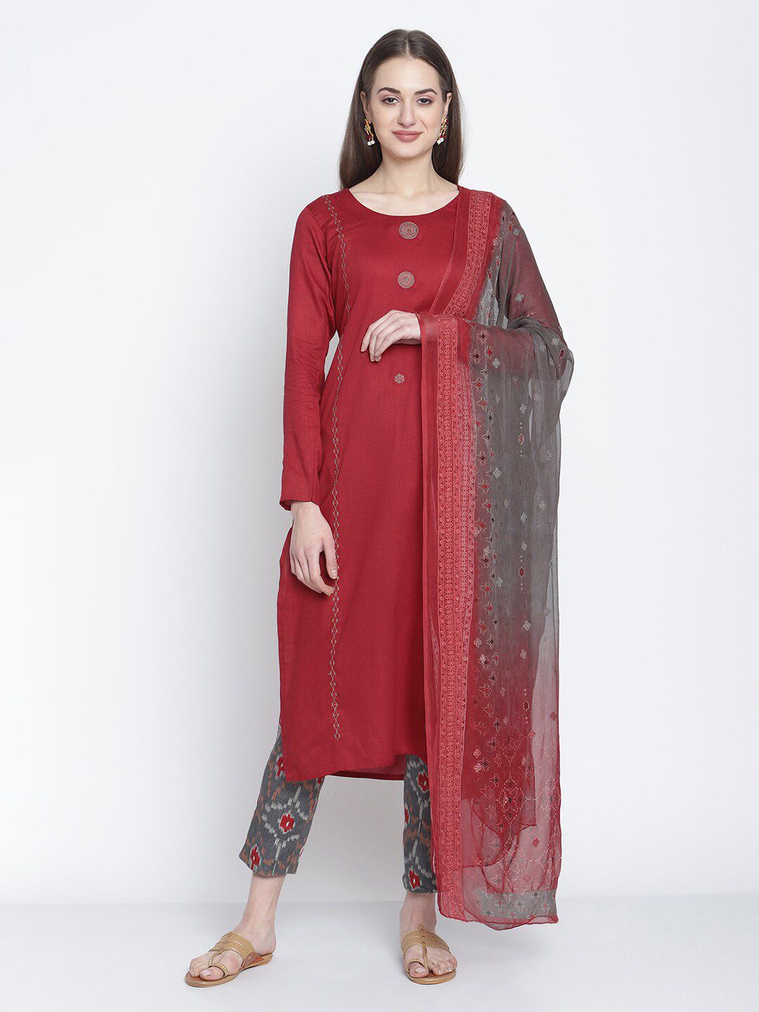 Stylee LIFESTYLE Women Maroon & Grey Embroidered Cotton Blend Unstitched Dress Material Price in India