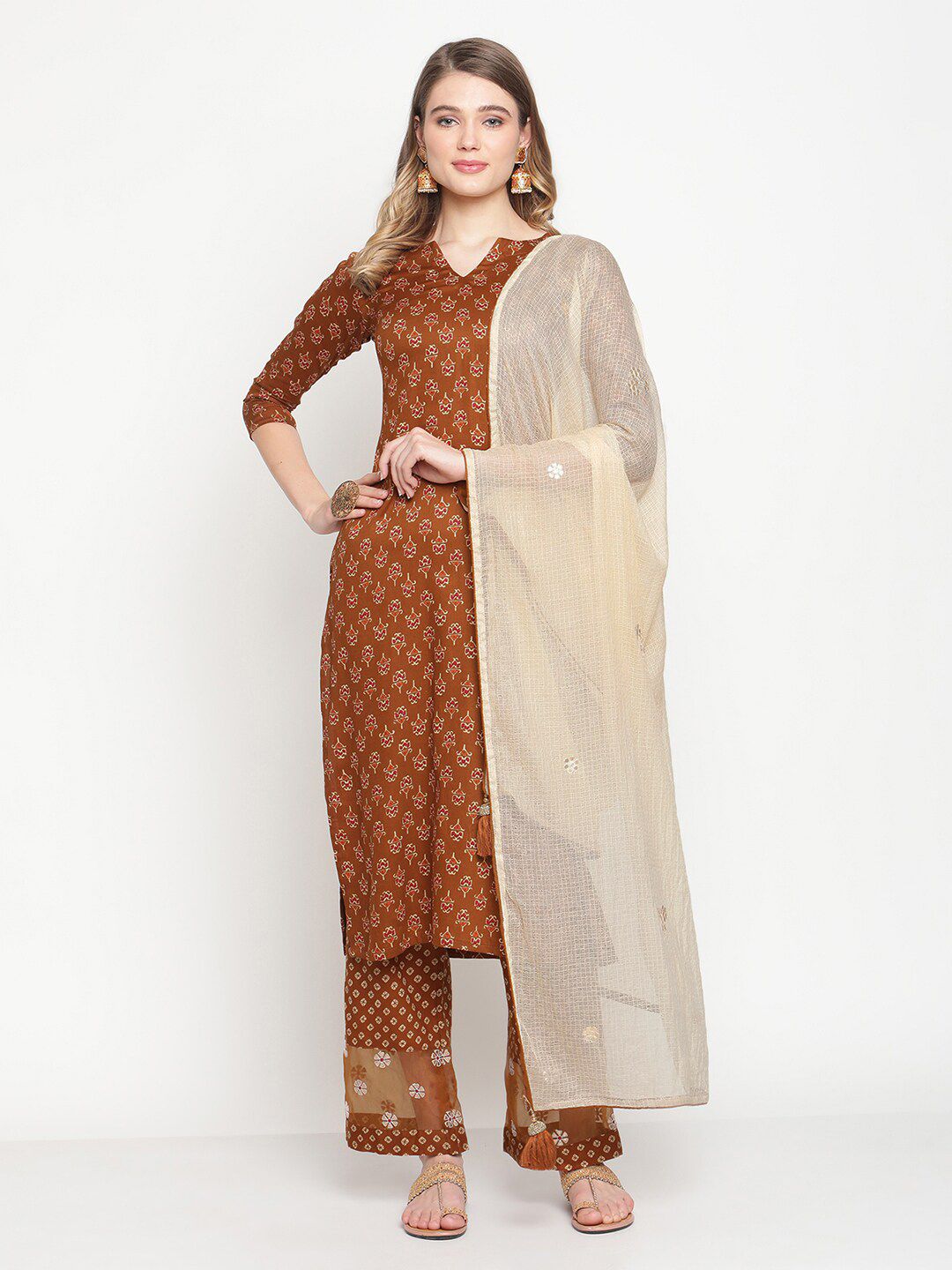 Stylee LIFESTYLE Brown & Beige Ethnic Motifs Printed Unstitched Dress Material Price in India