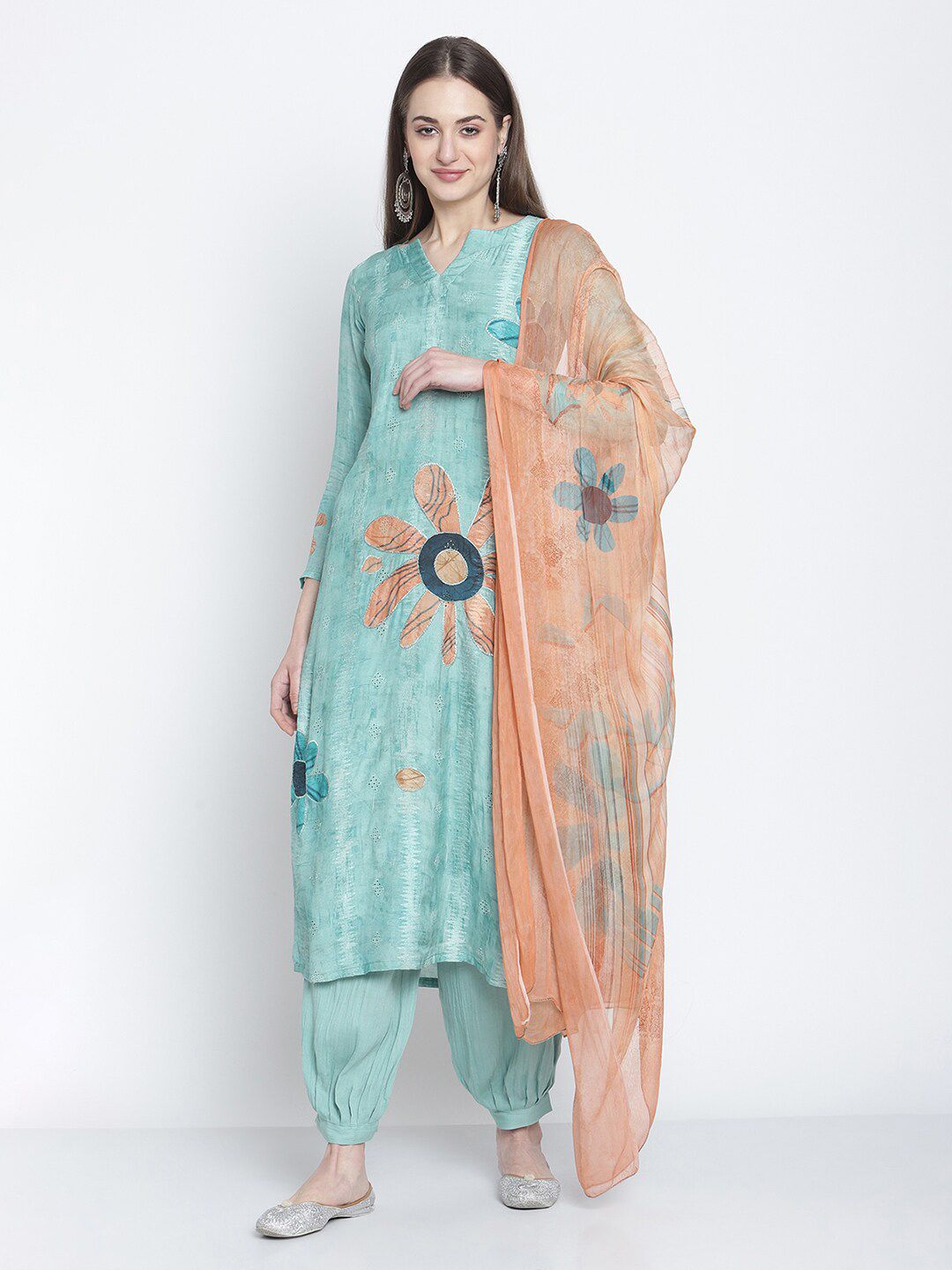 Stylee LIFESTYLE Sea Green & Peach-Coloured Printed Pure Cotton Unstitched Dress Material Price in India