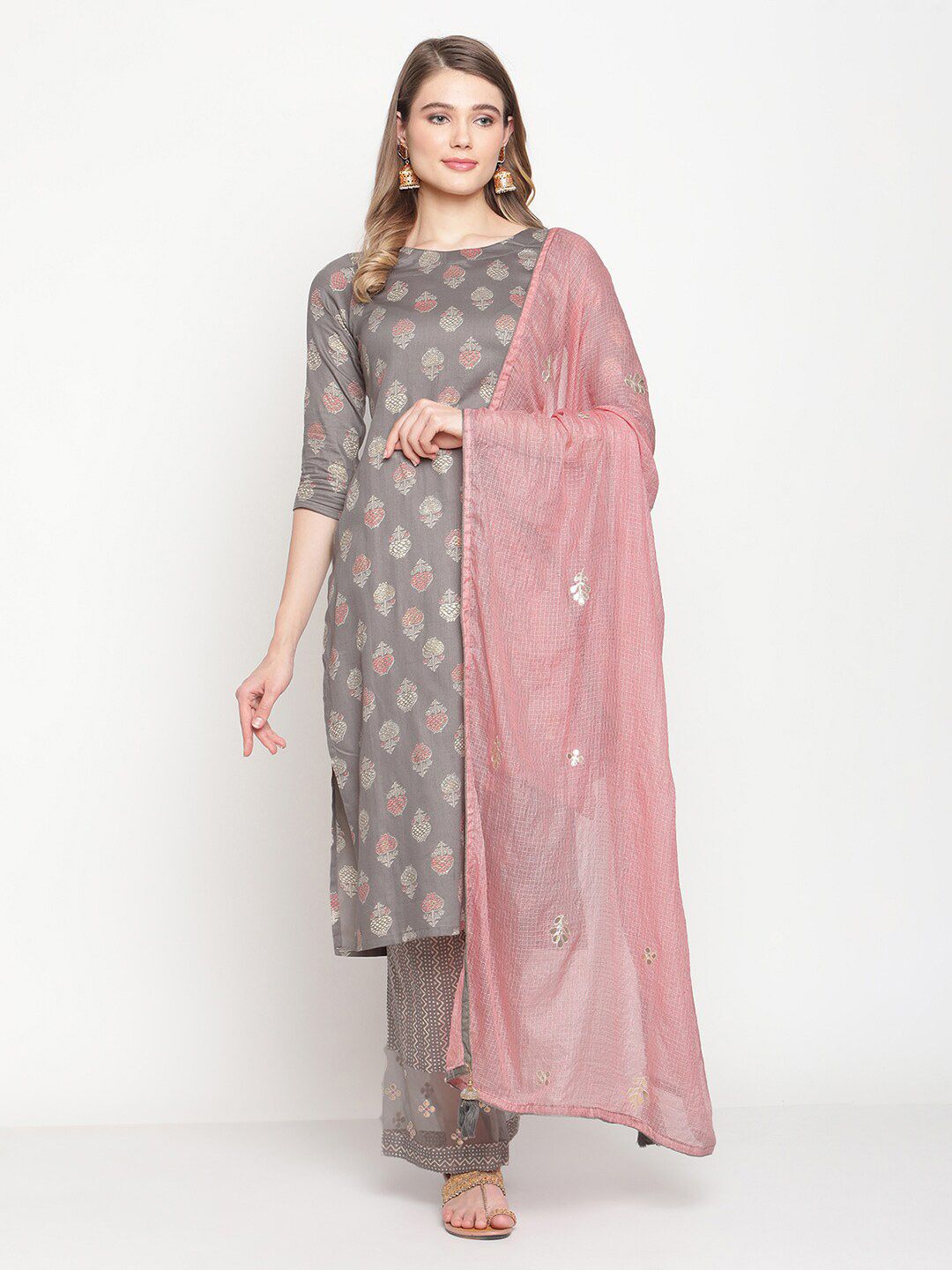 Stylee LIFESTYLE Grey & Mauve Printed Unstitched Dress Material Price in India