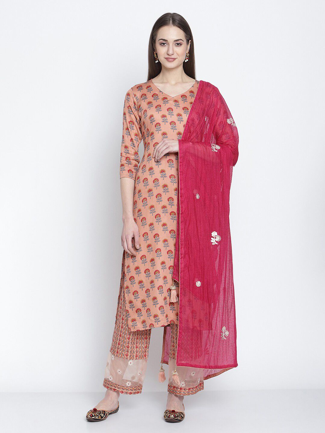 Stylee LIFESTYLE Peach-Coloured & Magenta Digital Printed Unstitched Dress Material Price in India