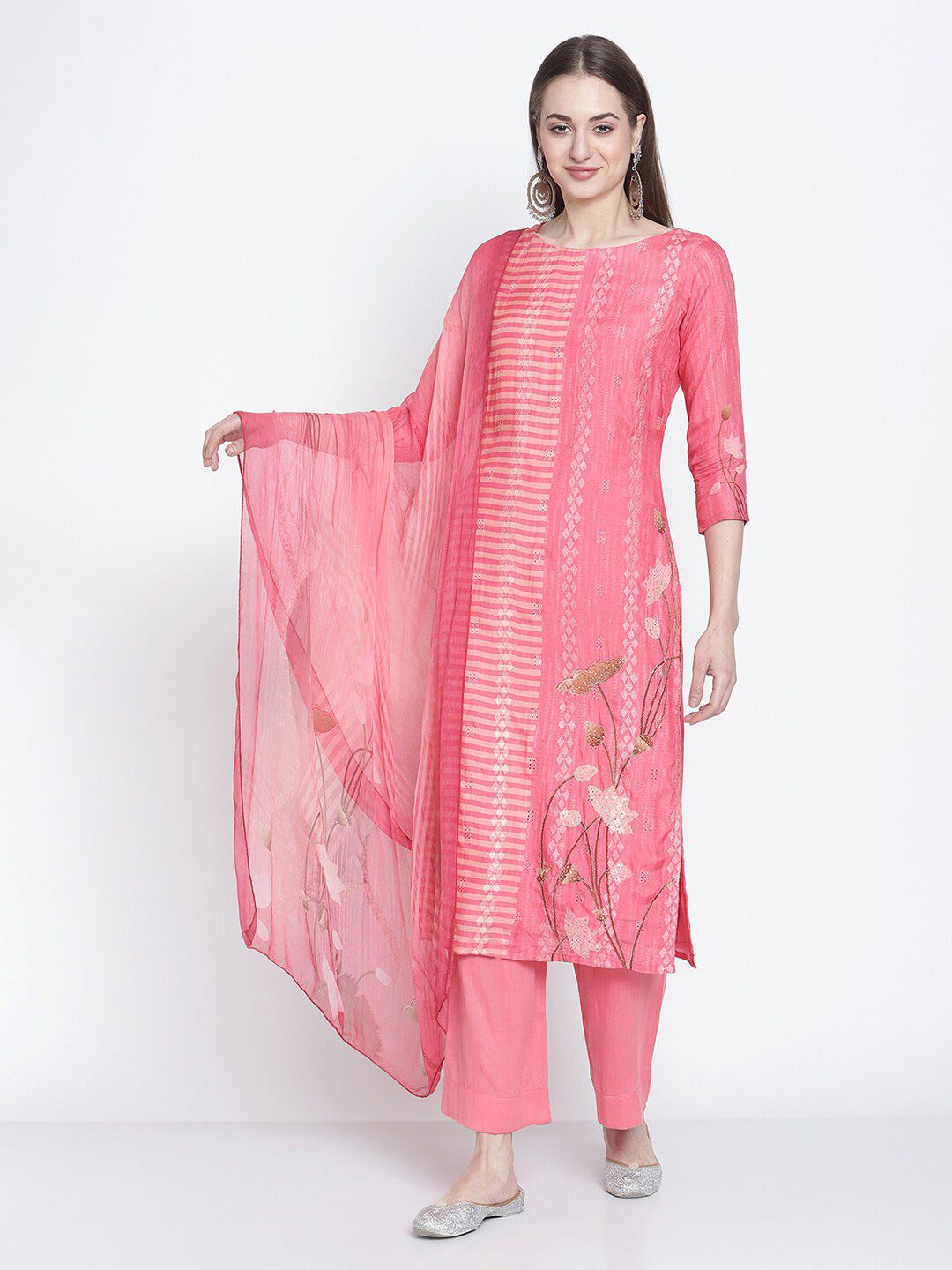 Stylee LIFESTYLE Pink Embroidered Pure Cotton Unstitched Dress Material Price in India