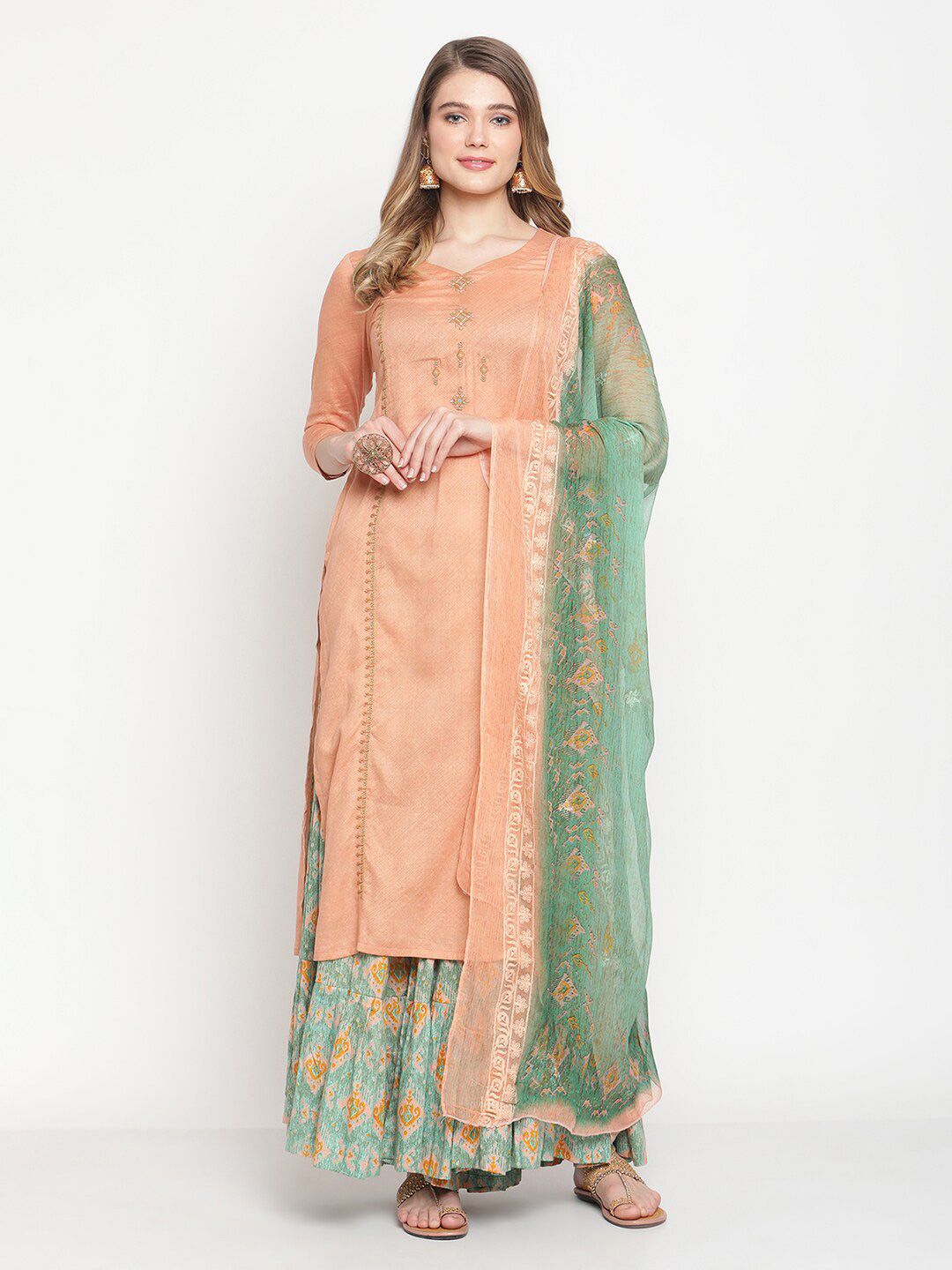 Stylee LIFESTYLE Peach-Coloured & Green Embroidered Unstitched Dress Material Price in India