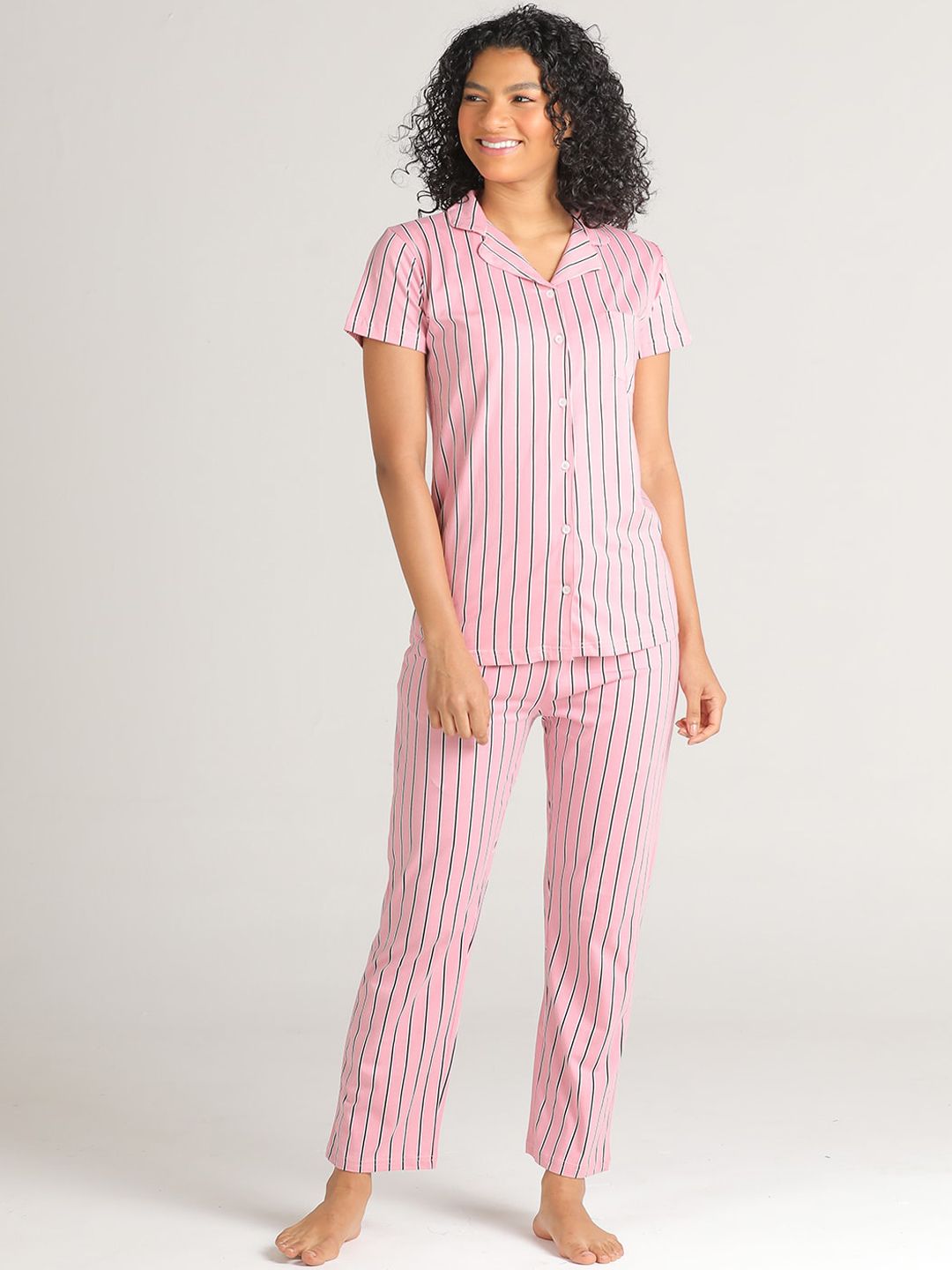 evolove Women Pink & Black Striped Pure Cotton Night suit Price in India