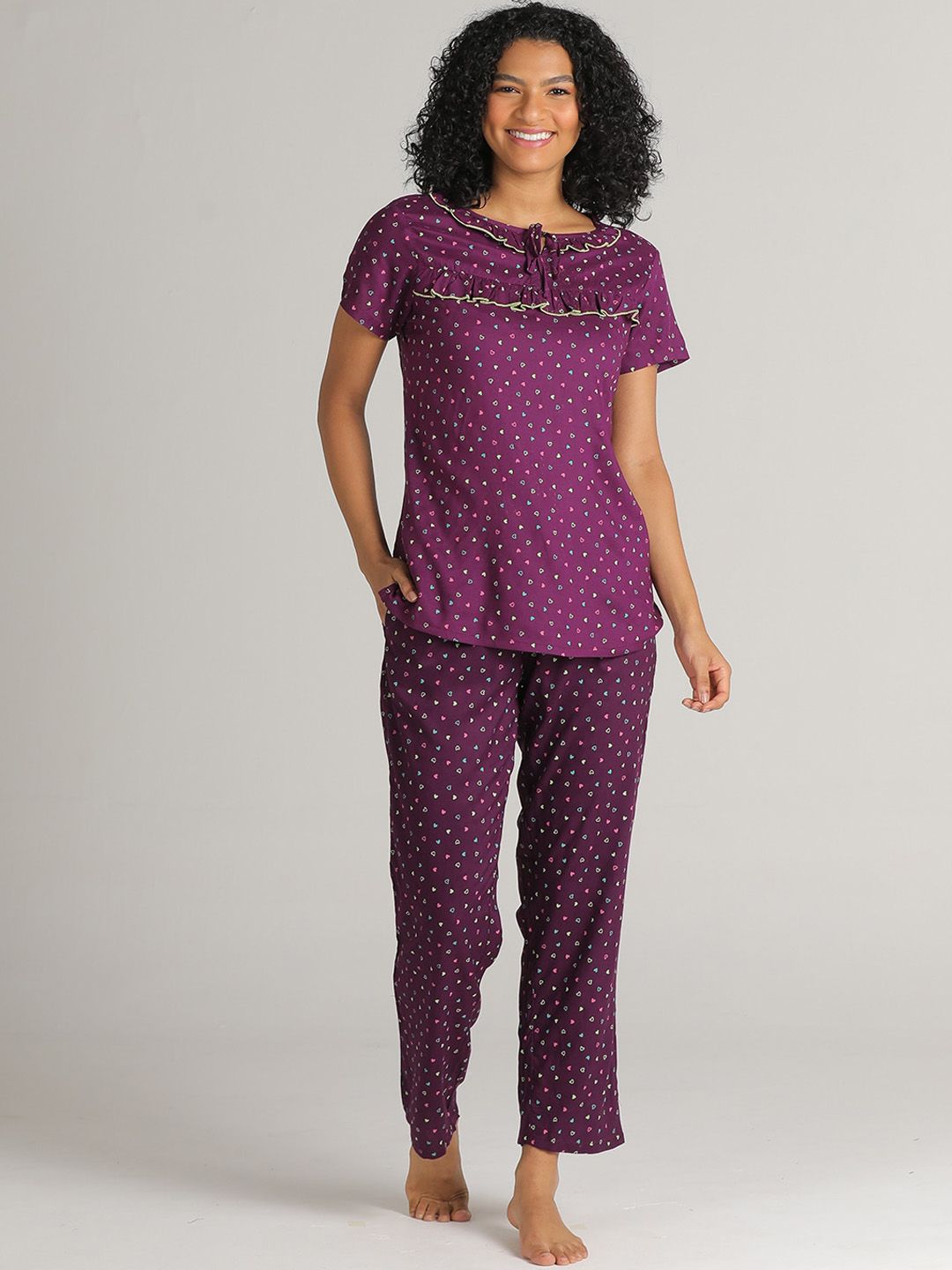 evolove Women Purple Printed Pure Cotton Night suit Price in India