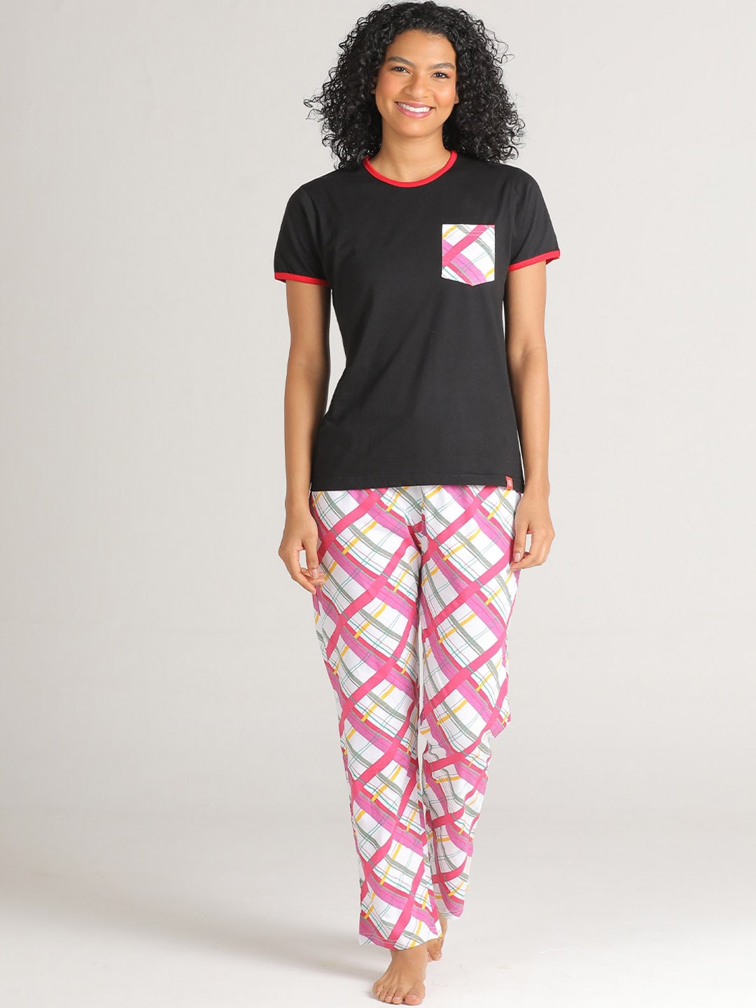 evolove Women Black & Pink Pure Cotton Night suit Price in India