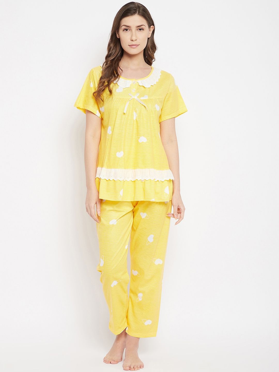 Camey Women Yellow & White Printed Night suit Price in India