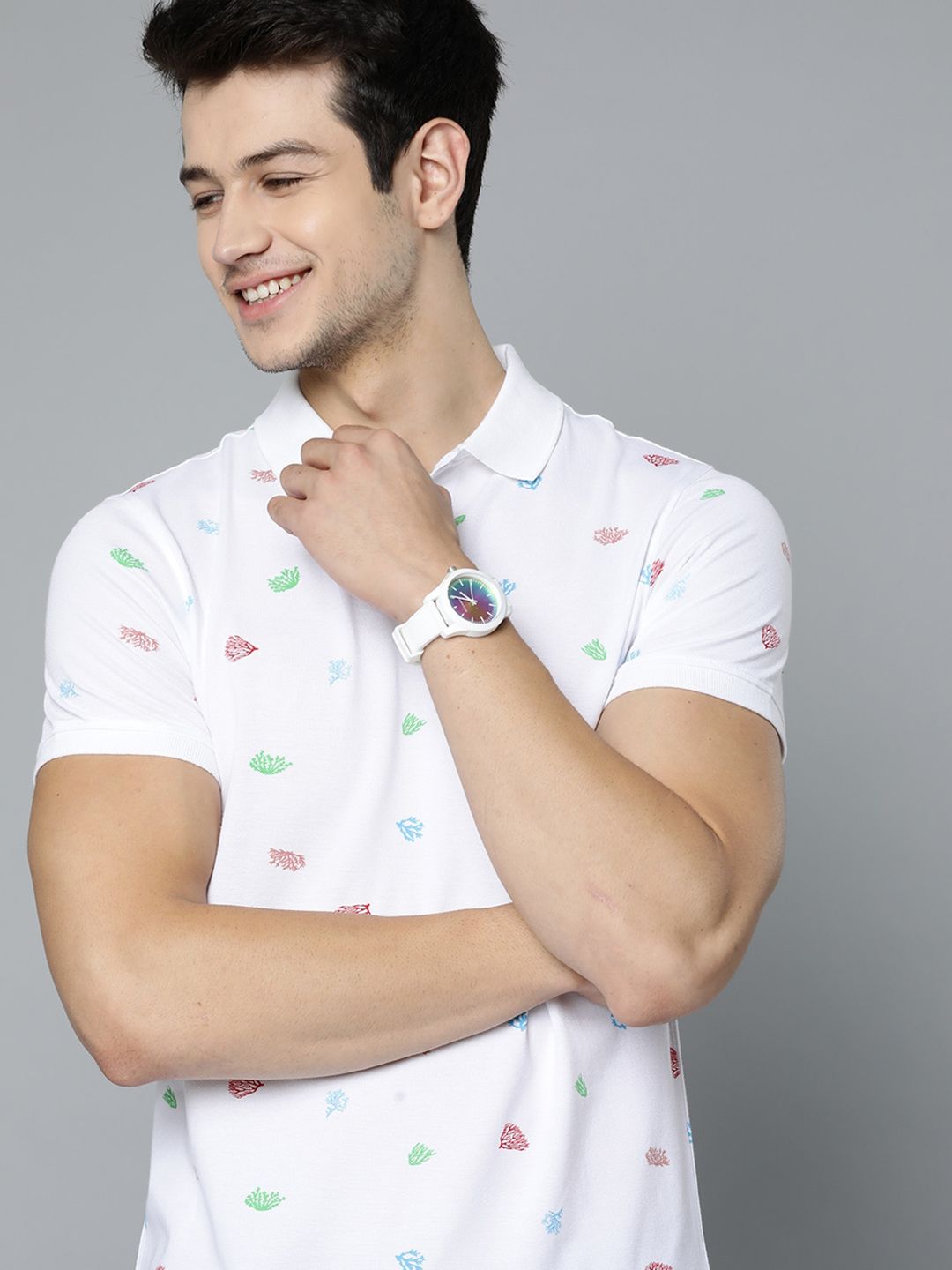 Mast & Harbour Men White & Red Conversational Print Polo Collar T-shirt