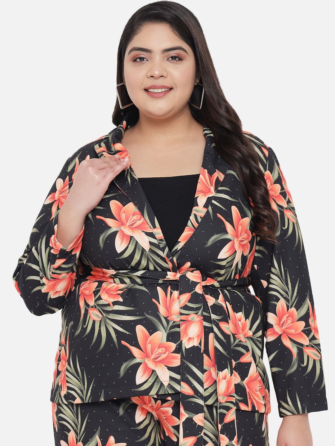 Amydus Women Plus Size Black & Peach-Coloured Printed Single-Breasted Casual Blazer Price in India