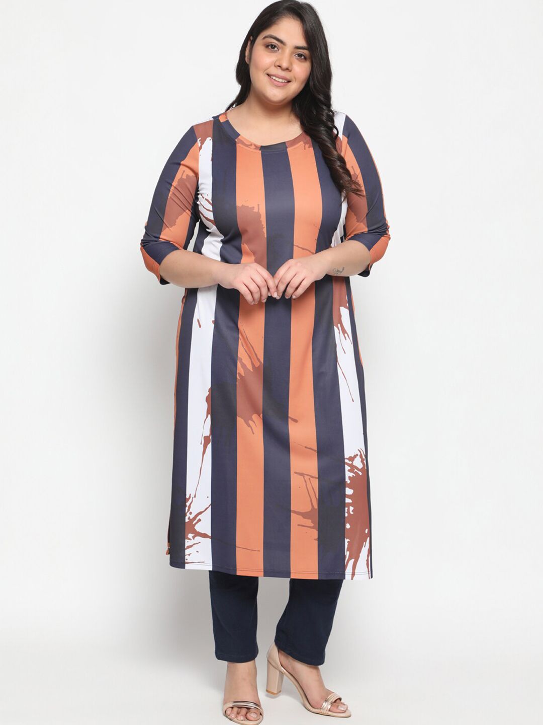 Amydus Women Plus Size Blue & Rust Striped Straight Kurta Price in India