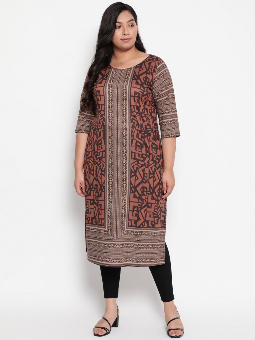 Amydus Women Plus Size Brown & Beige Geometric Printed Kurta Price in India