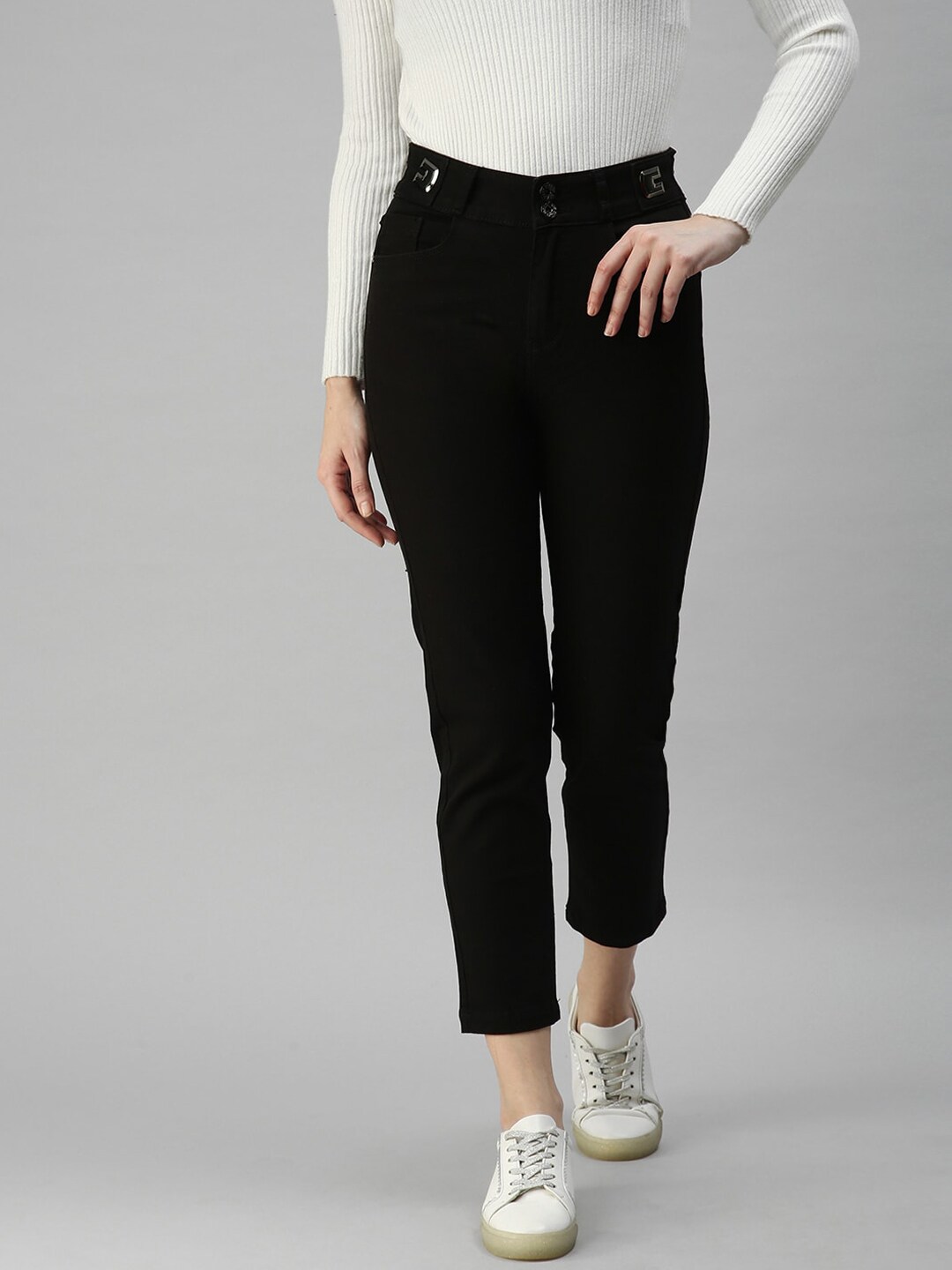 SHOWOFF Women Black Mom Fit High-Rise Highly Distressed Stretchable Cropped Jeans Price in India