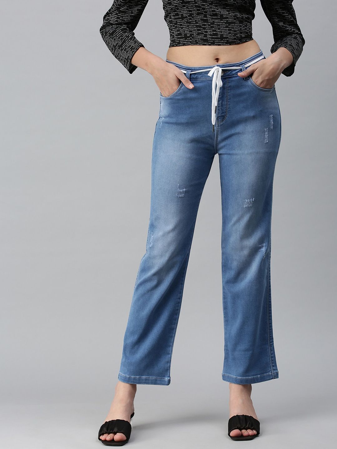 SHOWOFF Women Blue Straight Fit High-Rise Light Fade Stretchable Jeans Price in India