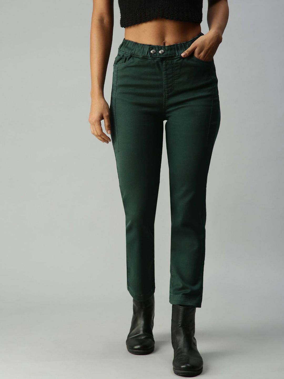 SHOWOFF Women Green Relaxed Fit High-Rise Slash Knee Stretchable Jeans Price in India