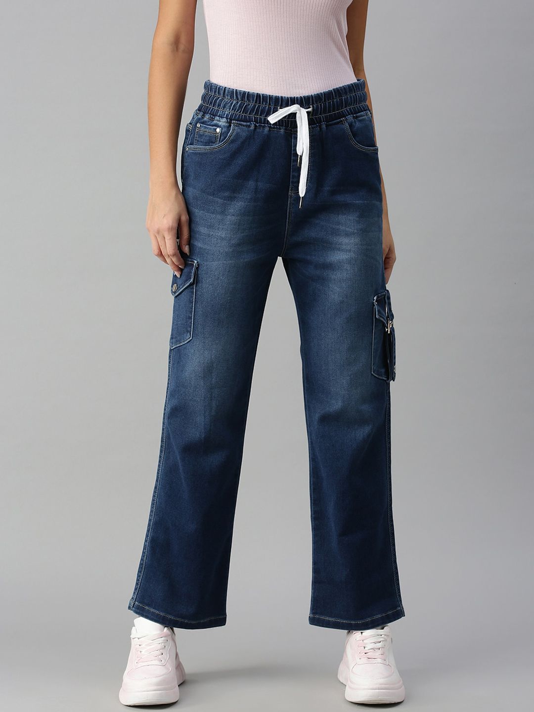 SHOWOFF Women Blue Wide Leg High-Rise Low Distress Heavy Fade Stretchable Jeans Price in India