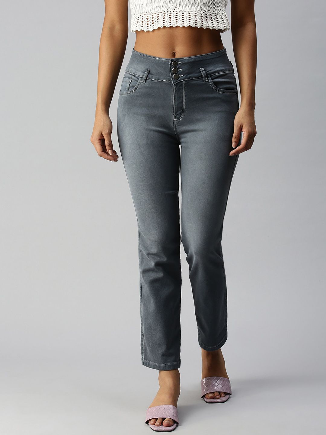 SHOWOFF Women Grey Skinny Fit High-Rise Light Fade Stretchable Jeans Price in India