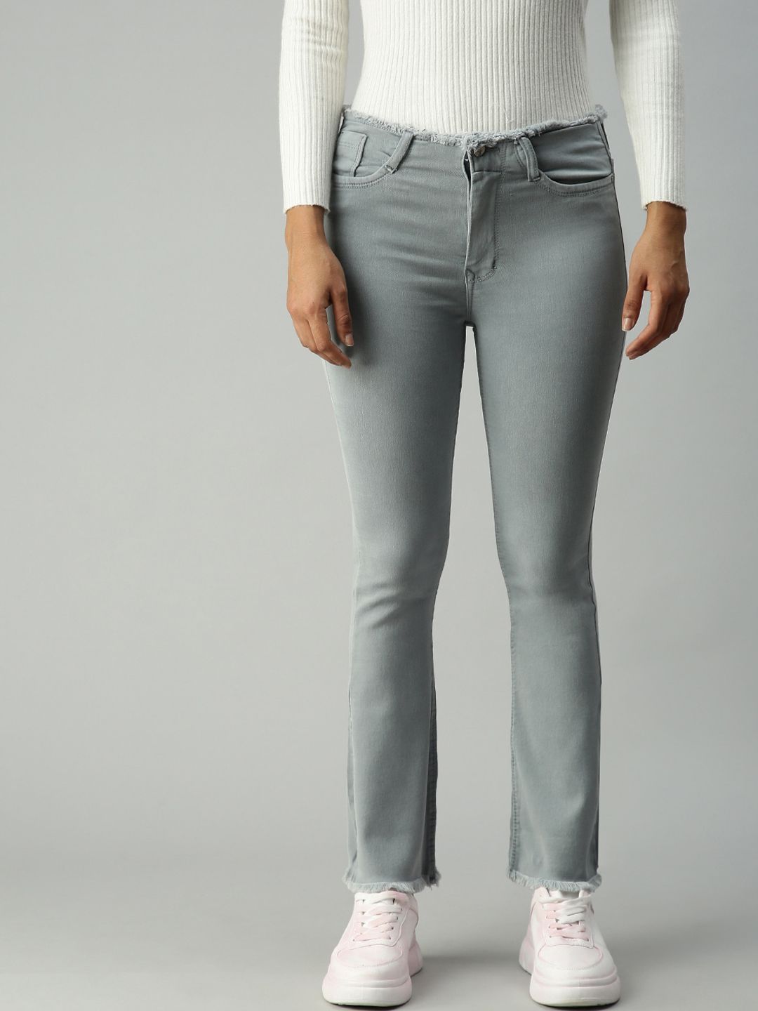 SHOWOFF Women Grey Bootcut High-Rise Stretchable Jeans Price in India