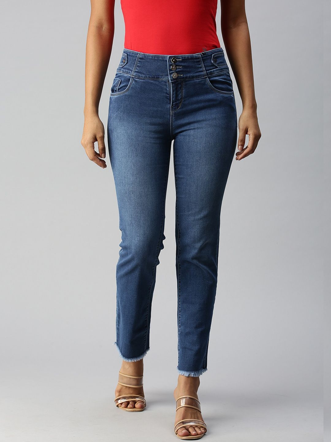 SHOWOFF Women Blue Straight Fit High-Rise Light Fade Stretchable Jeans Price in India