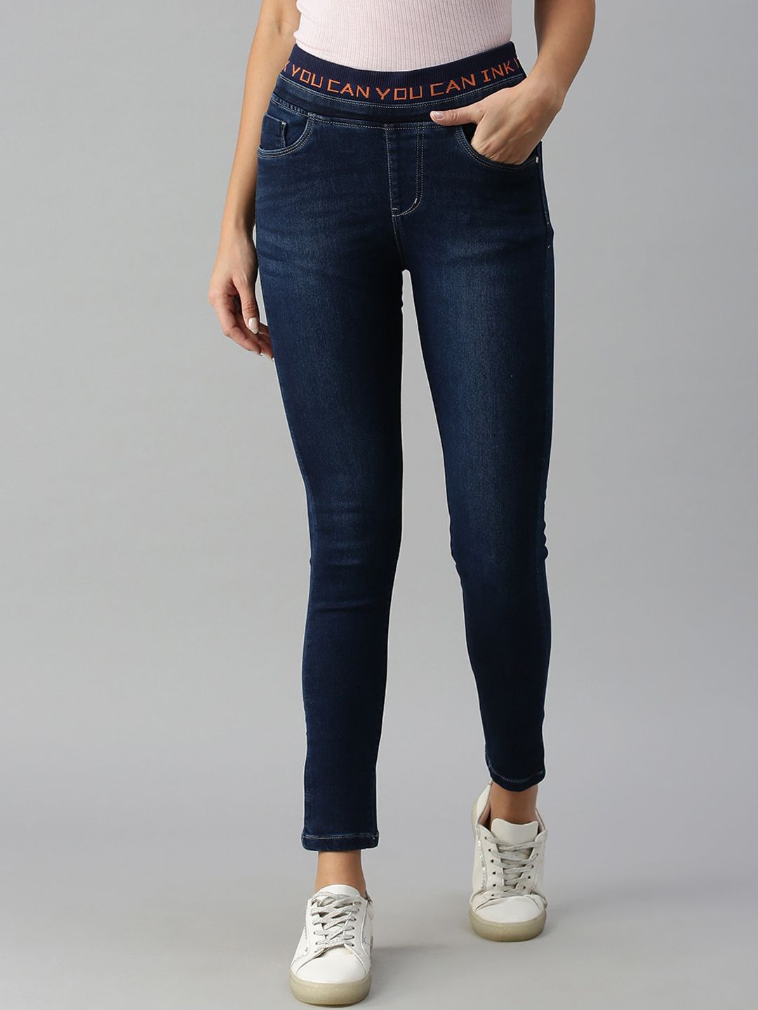 SHOWOFF Women Navy Blue Slim Fit High-Rise Light Fade Stretchable Jeans Price in India