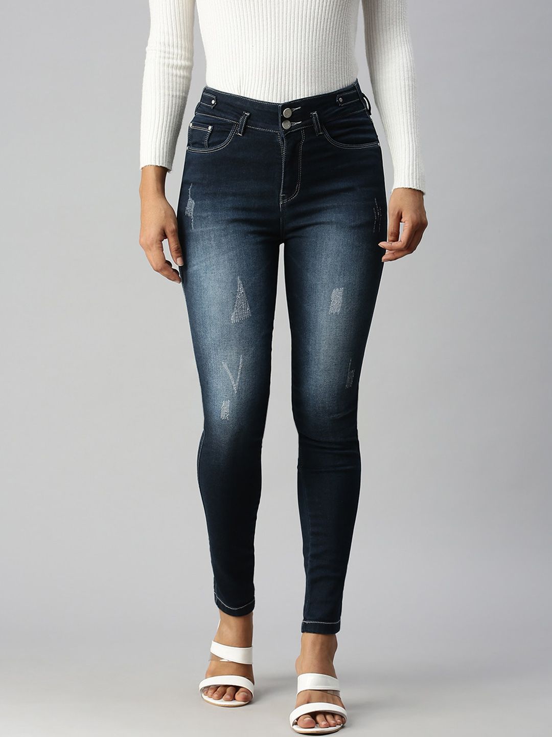 SHOWOFF Women Blue Skinny Fit High-Rise Low Distress Light Fade Stretchable Jeans Price in India